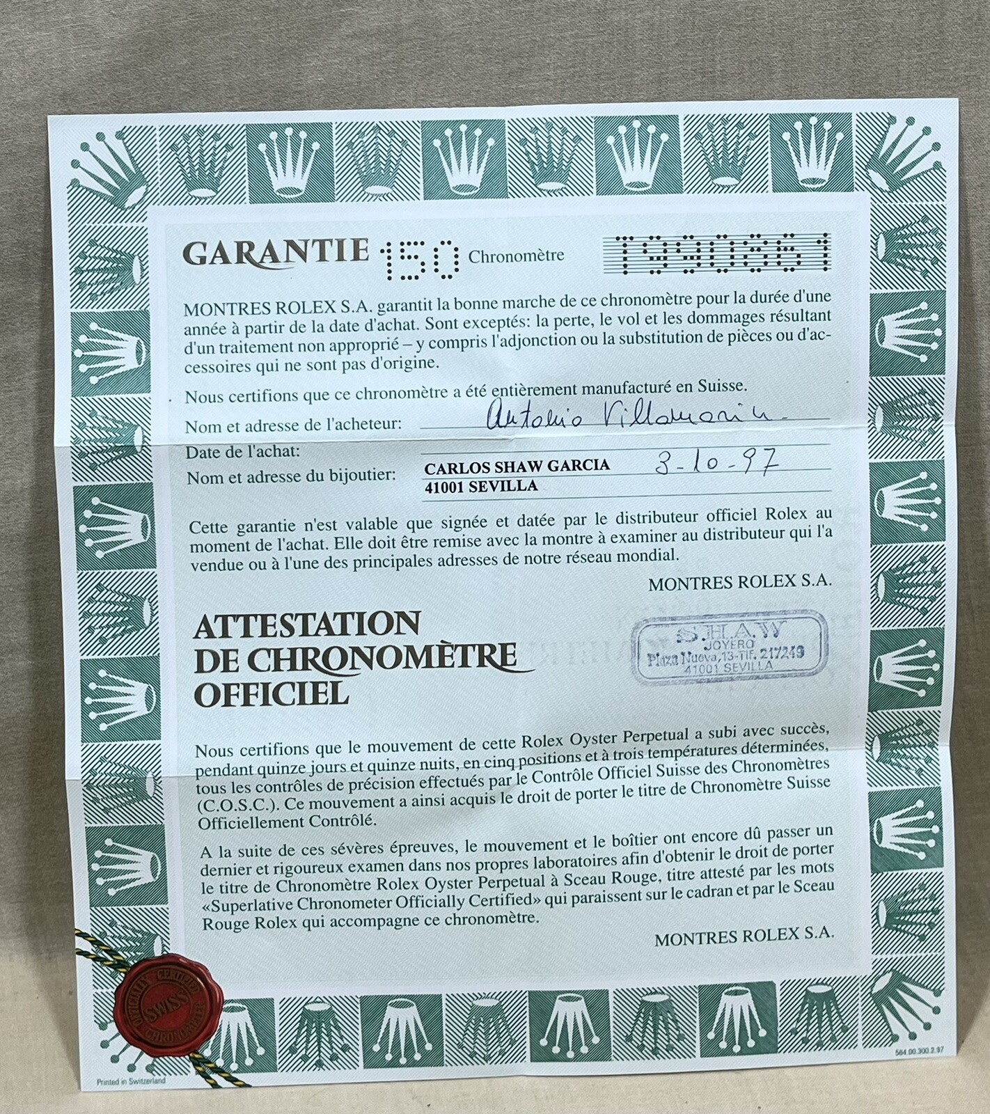 Rolex 1997 Chronometer Certificate T990861 150 Submariner Date 16610 Steel OEM /