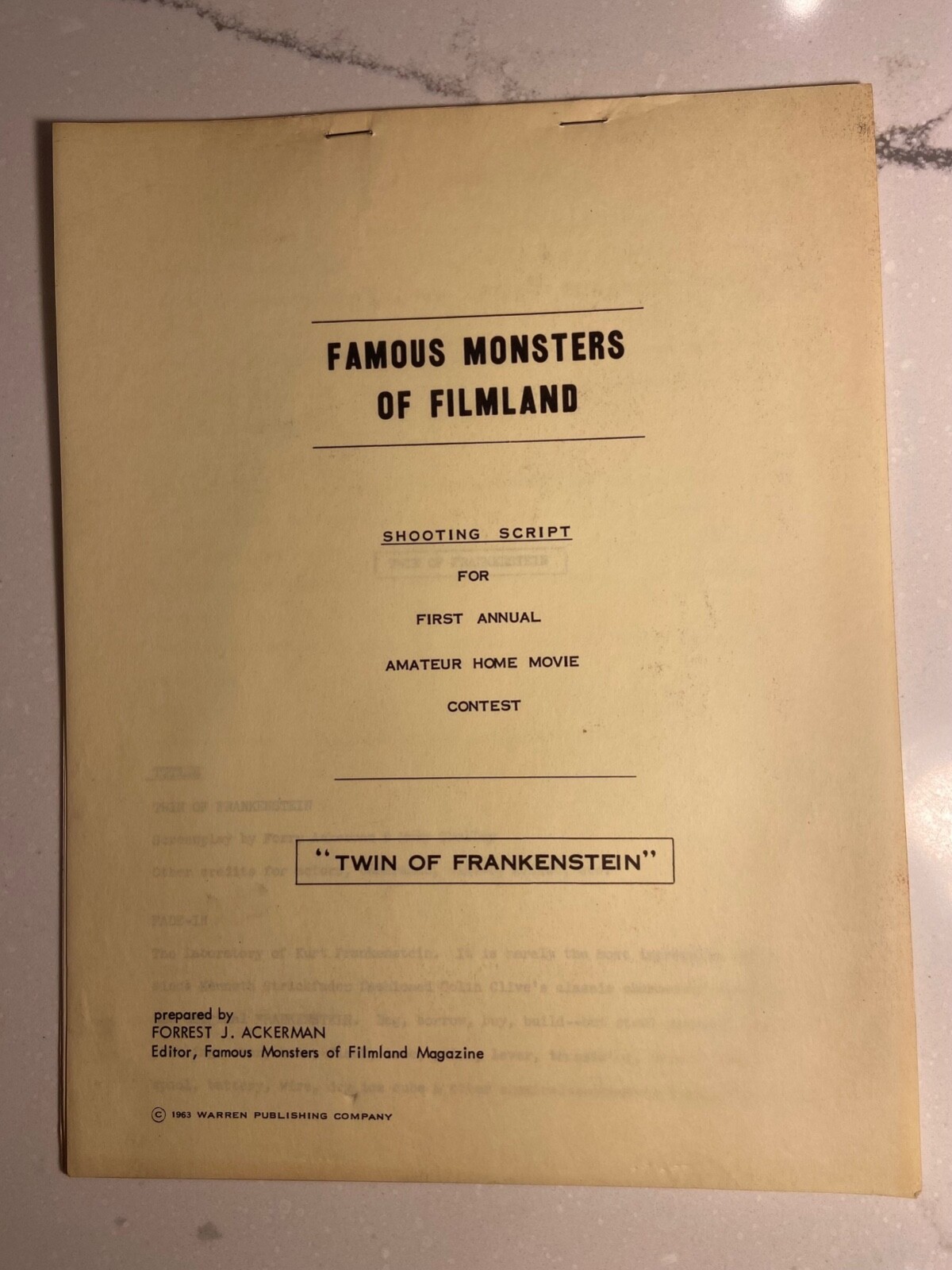 FAMOUS MONSTERS 1963 TWIN OF FRANKENSTEIN Forrest J Ackerman contest script RARE FAMOUS MONSTERS 1963 TWIN OF FRANKENSTEIN Forrest J Ackerman contest script RARE