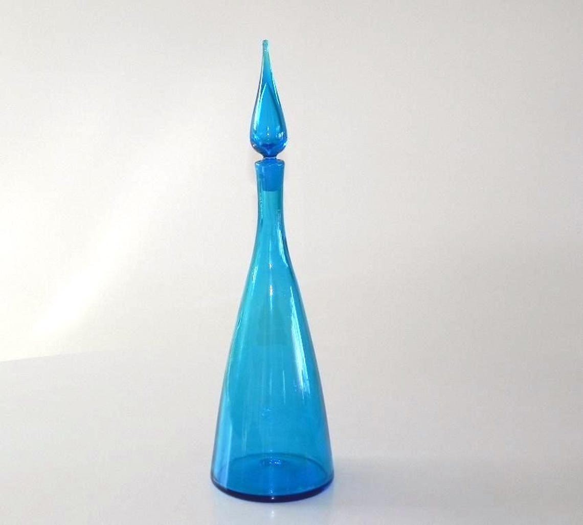 BLENKO Glass Decanter with Stopper Winslow Anderson Turquoise 22 in. model 920 L BLENKO Glass Decanter with Stopper Winslow Anderson Turquoise 22 in. model 920 L