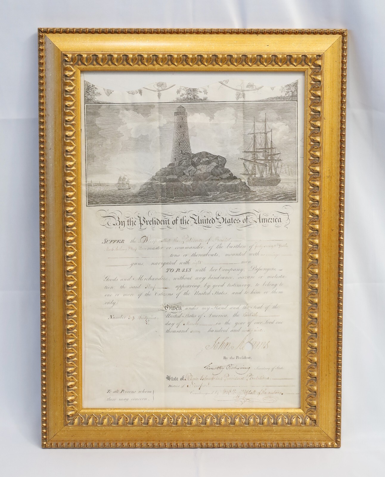 Ship's Passport Signed by President John Adams , Sec. of State Timothy Pickering