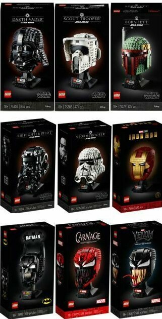 Lego Helmet Set of (9) NEW SEALED Star Wars Batman Venom Darth Vader Boba Fett Lego Helmet Set of (9) NEW SEALED Star Wars Batman Venom Darth Vader Boba Fett