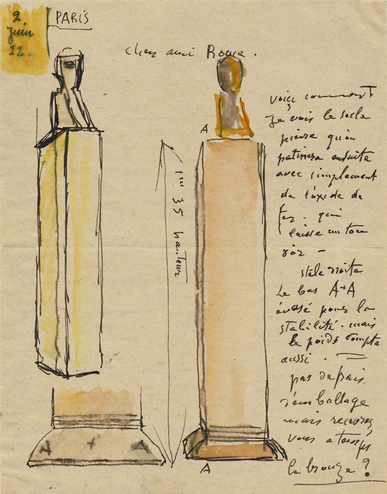 Antoine BOURDELLE. Signed autograph letter. Drawing of its bronze and bases Antoine BOURDELLE. Signed autograph letter. Drawing of its bronze and bases