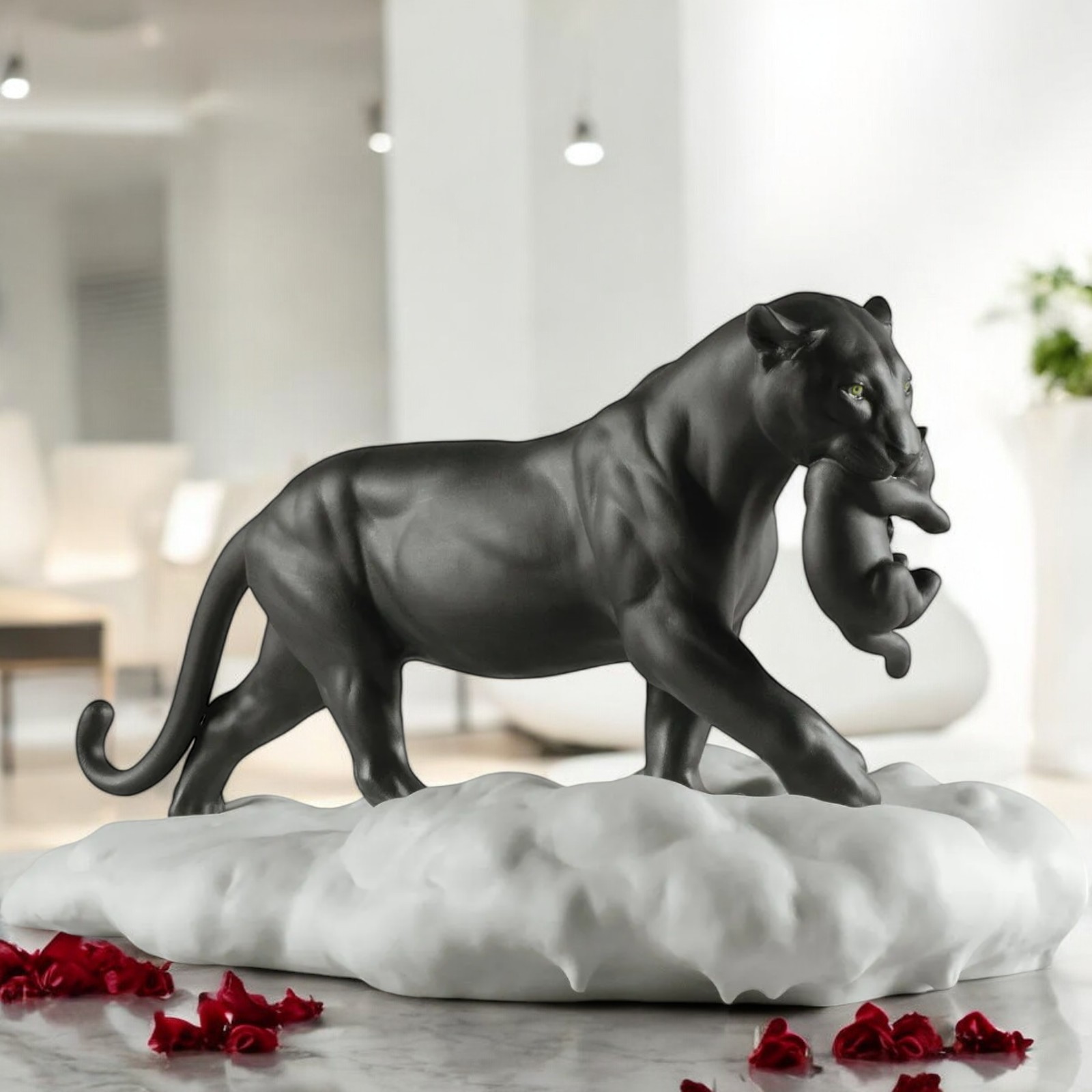 Lladró Black Panther with Cub Figurine Satin Matte Porcelain Wildlife 01009382