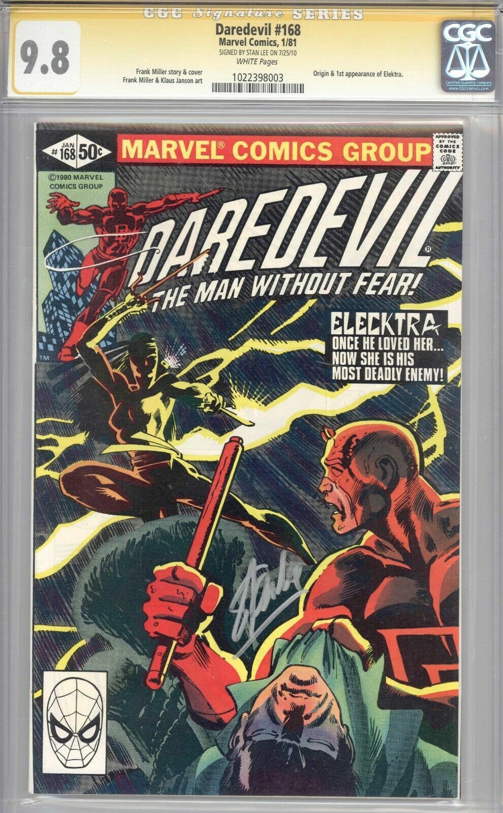 Daredevil #168 CGC 9.8 1981 1st Electra Stan Lee Signature WP K8 103 cm