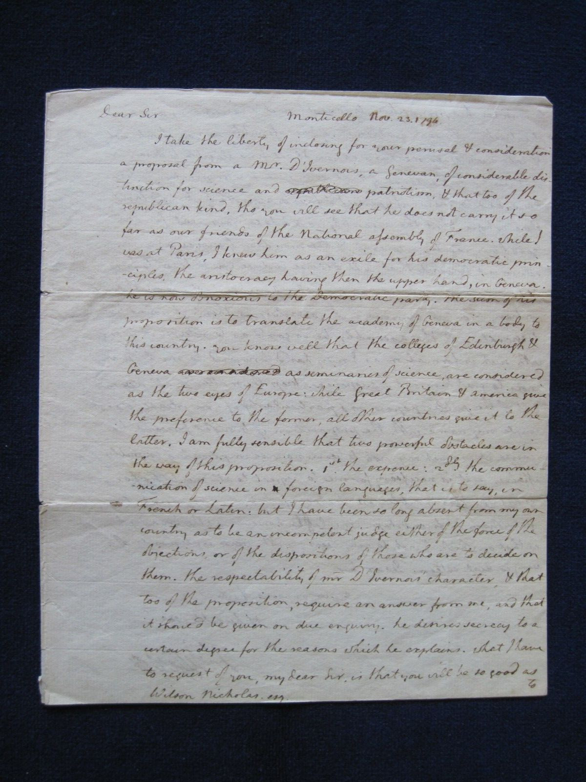 ORIGINAL AUTOGRAPH LETTER SIGNED - THOMAS JEFFERSON to WILSON CARY NICHOLAS 1794 ORIGINAL AUTOGRAPH LETTER SIGNED - THOMAS JEFFERSON to WILSON CARY NICHOLAS 1794