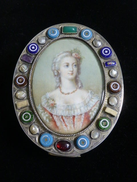 Antique 800 Silver Trinket Box W/ Hand Painted Portrait Under Glass-Mixed Stones Antique 800 Silver Trinket Box W/ Hand Painted Portrait Under Glass-Mixed Stones
