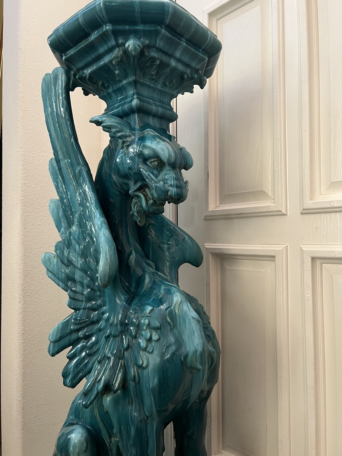 ANTIQUE FRENCH ART NOUVEAU PORCELAIN MAJOLICA WINGED GRIFFIN GRIFFON PEDESTAL ANTIQUE FRENCH ART NOUVEAU PORCELAIN MAJOLICA WINGED GRIFFIN GRIFFON PEDESTAL