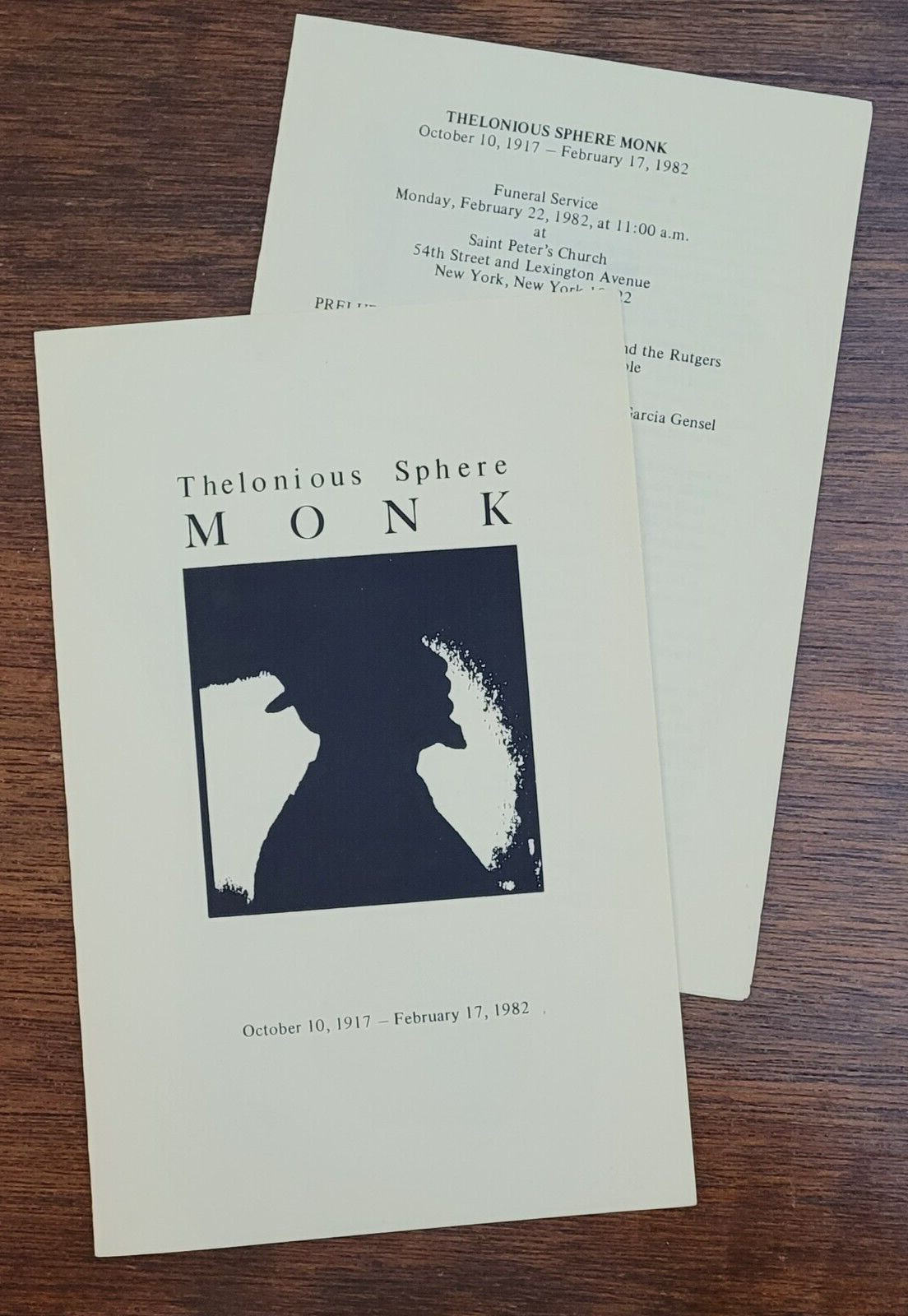 SCARCE THELONIOUS SPHERE MONK FUNERAL PROGRAM OBITUARY 1982 ORIGINAL VINTAGE SCARCE THELONIOUS SPHERE MONK FUNERAL PROGRAM OBITUARY 1982 ORIGINAL VINTAGE