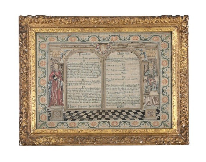 IMPORTANT ANTIQUE 10 COMMANDMENTS GEORGE I 1727 NEEDLEWORK SAMPLER MARY FARRAN