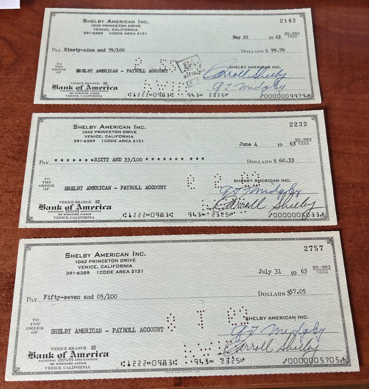 3x CARROLL SHELBY SIGNED Check 1963 american checks racing car cobra gt payroll