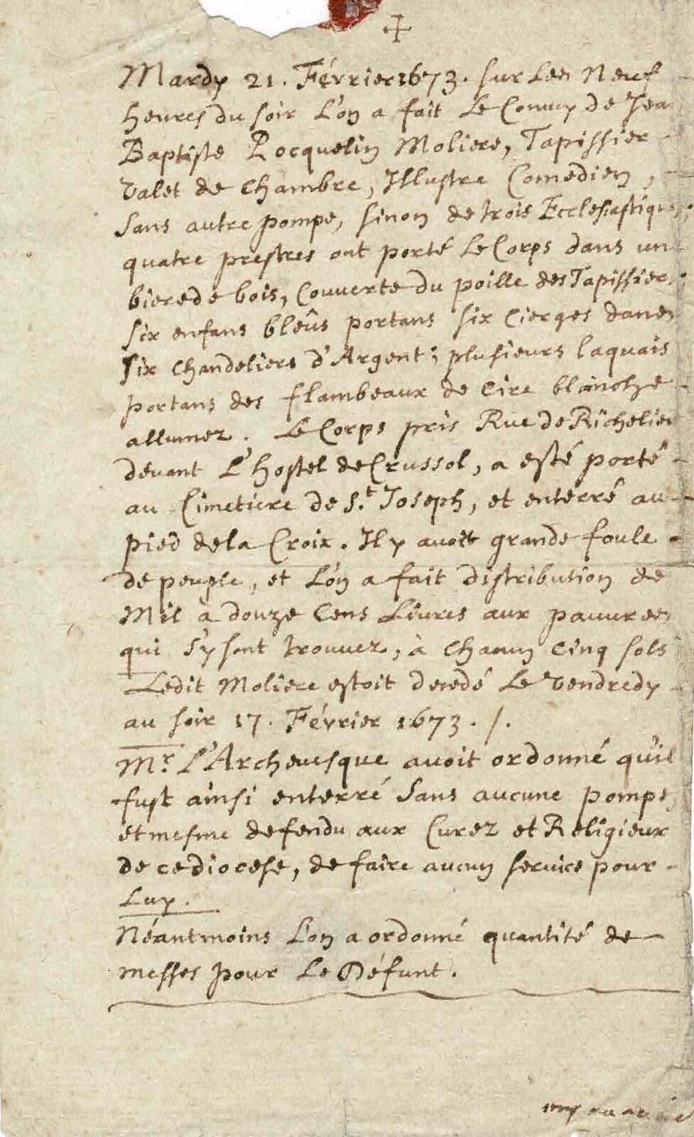 Manuscript. Detailed report of MOLIERE’s funeral. 1673