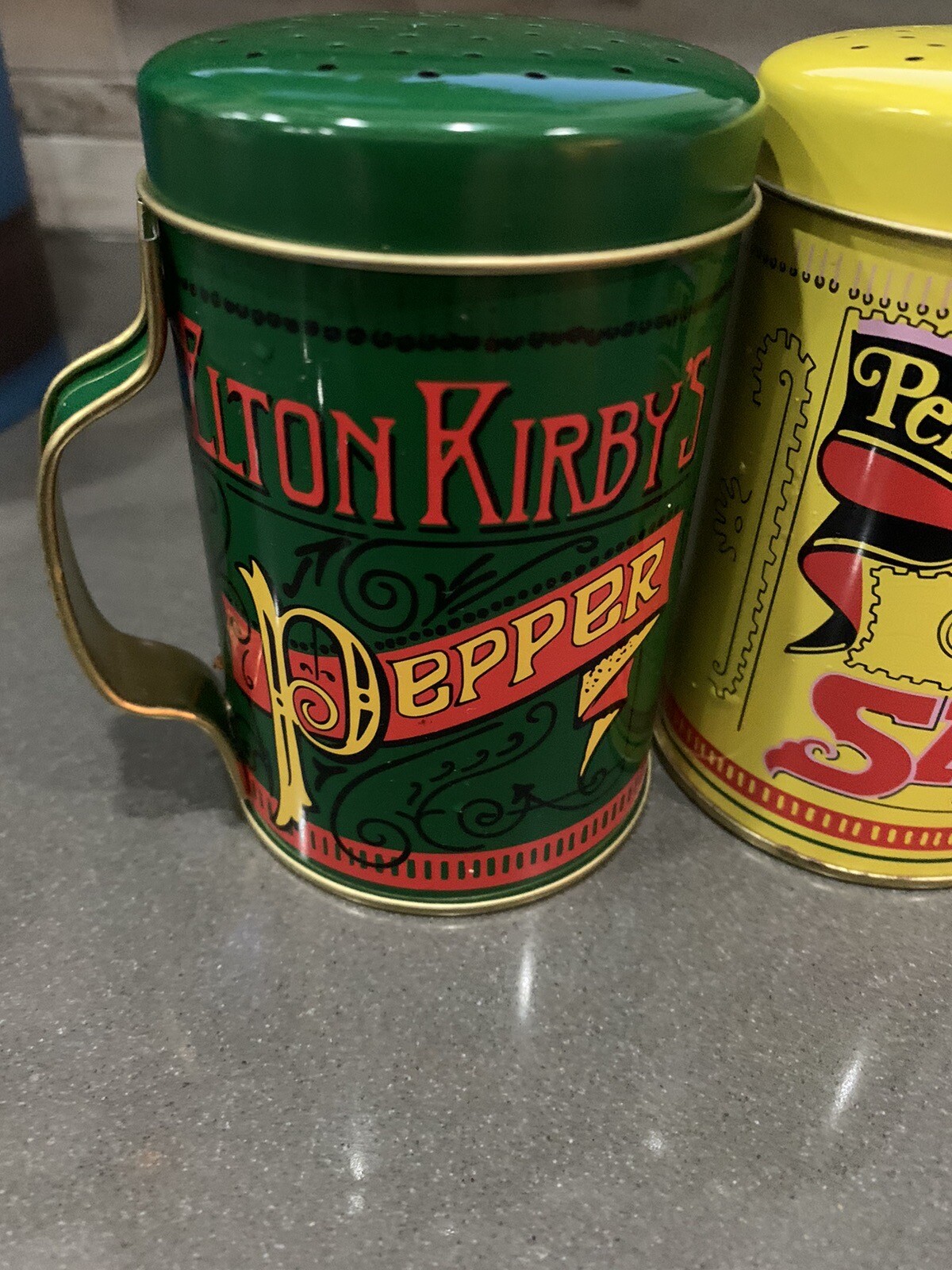 Tin Percival Duffin's Elton Kirby's Salt Pepper Shakers vtg mcm atomic storage