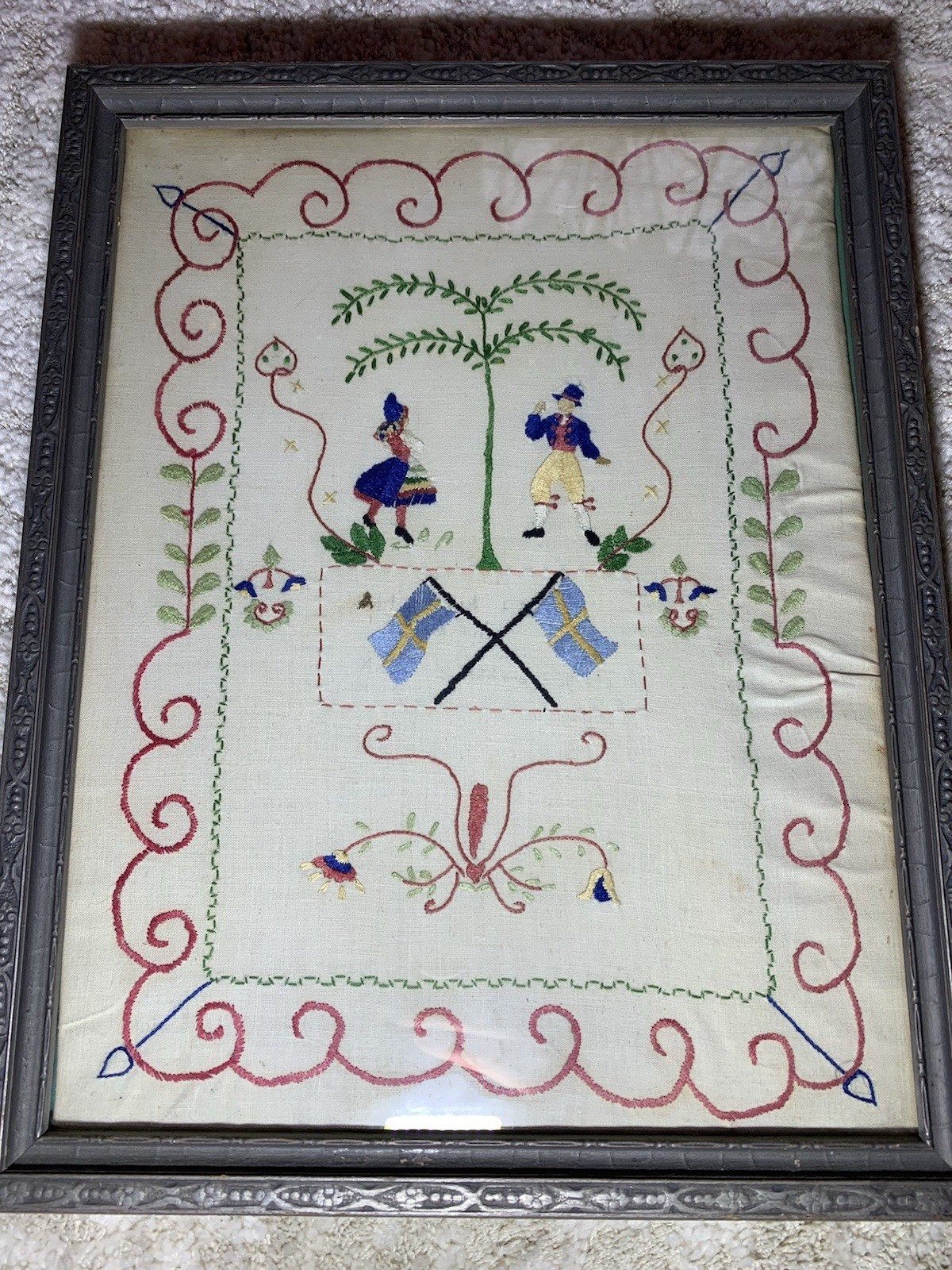 Antq Early Original Dutch Art Embroidery Needlework Hand Stitched Framed Signed