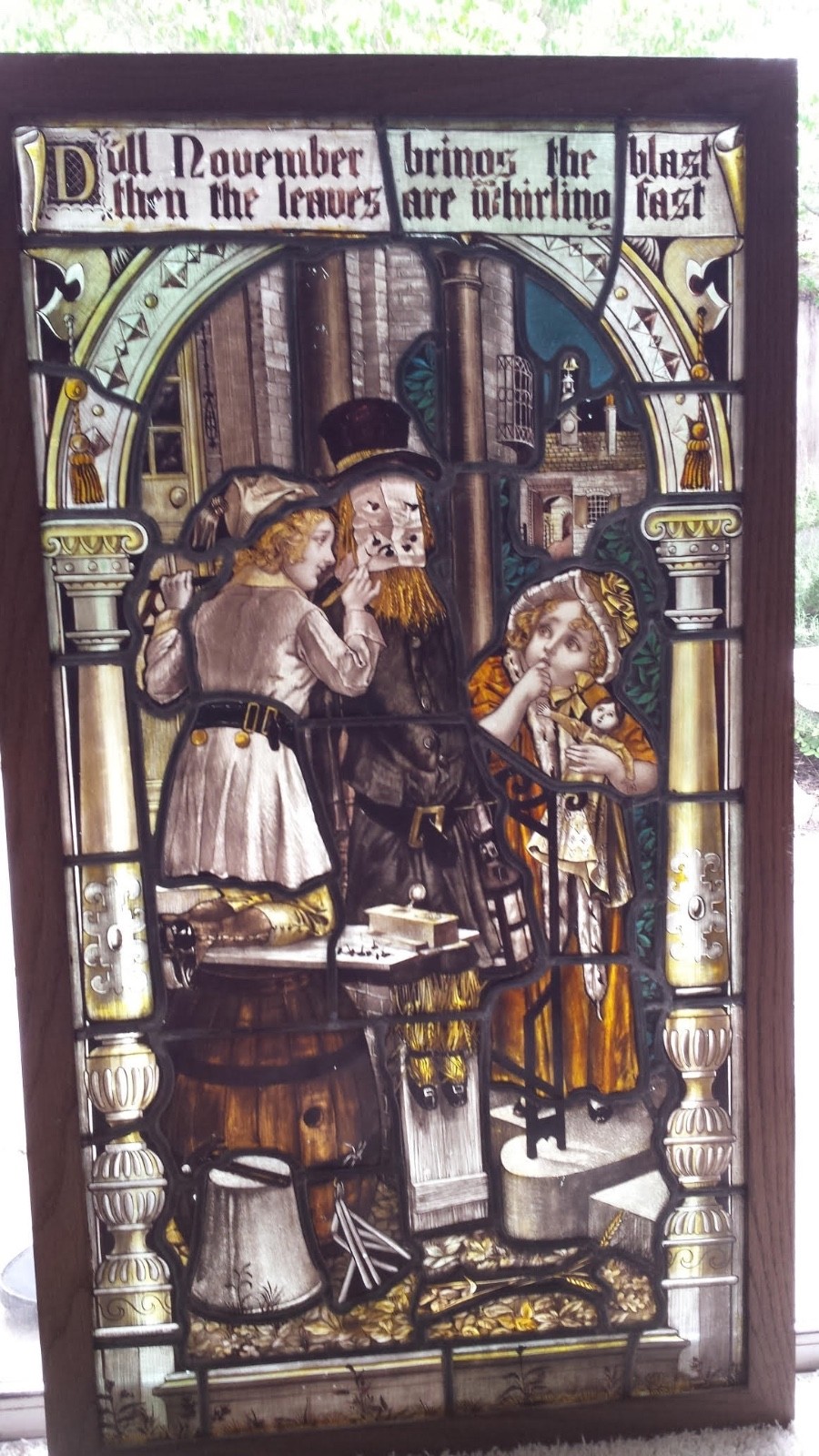 Antique English Victorian Stained Glass Window c.1890 Guy Fawkes Bonfire Night