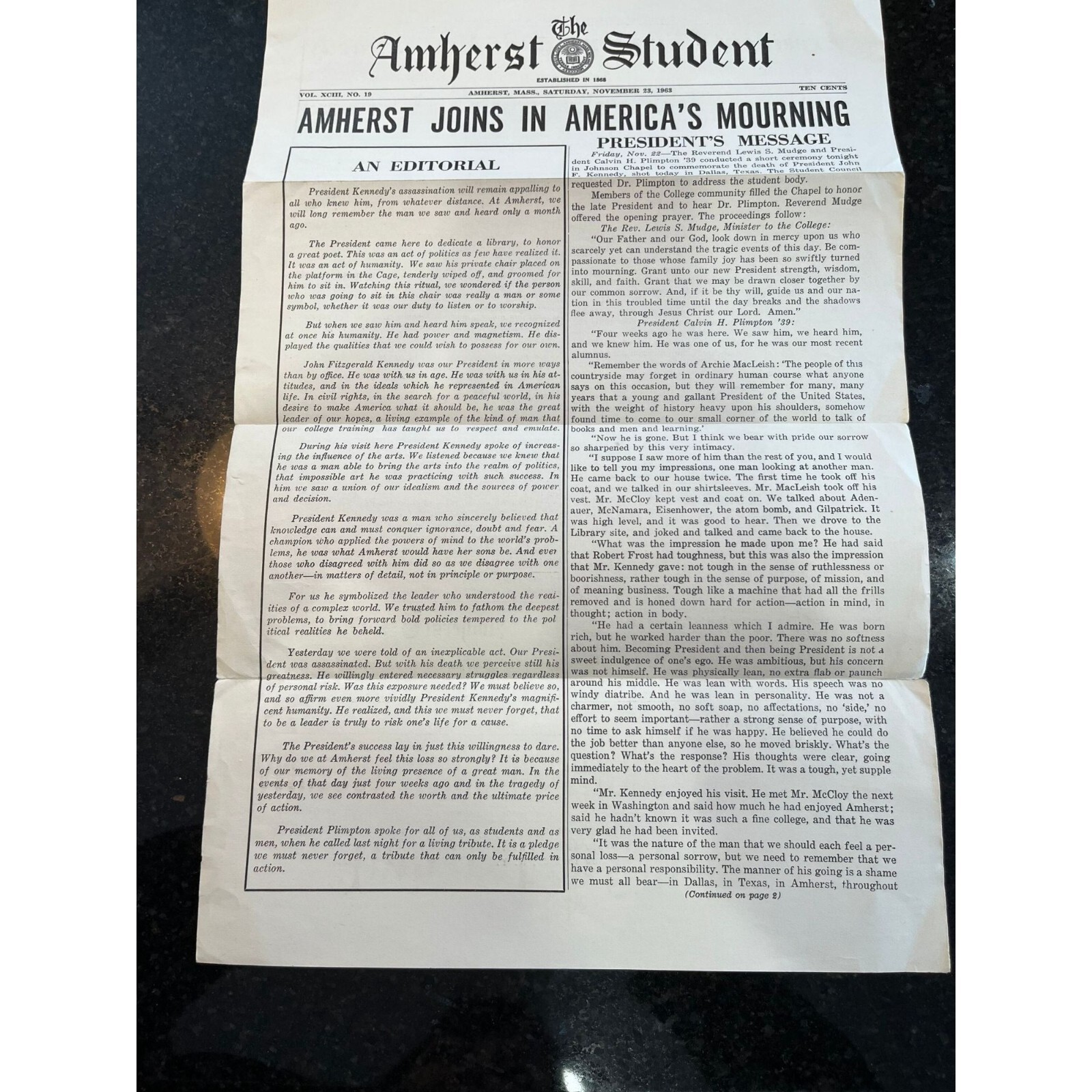 Vtg Amherst College The Amherst Student Newspaper November 23, 1963 VOL. XCIII N