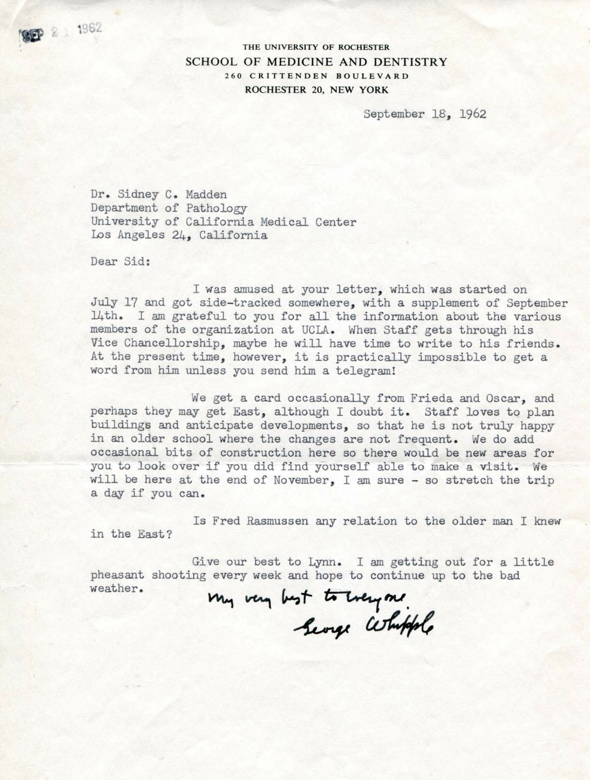 NOBEL PRIZE IN PHYSIOLOGY George Whipple autograph, typed letter signed & mounte NOBEL PRIZE IN PHYSIOLOGY George Whipple autograph, typed letter signed & mounte