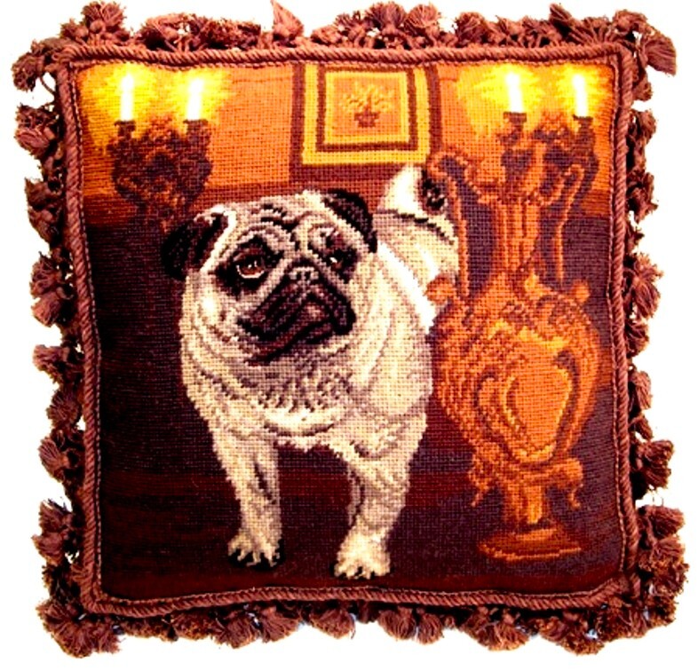 Pug Dog Pillow Needlepoint Fringed Pillow NWT Lg 16” x 16” PRICE REDUCED Pug Dog Pillow Needlepoint Fringed Pillow NWT Lg 16” x 16” PRICE REDUCED