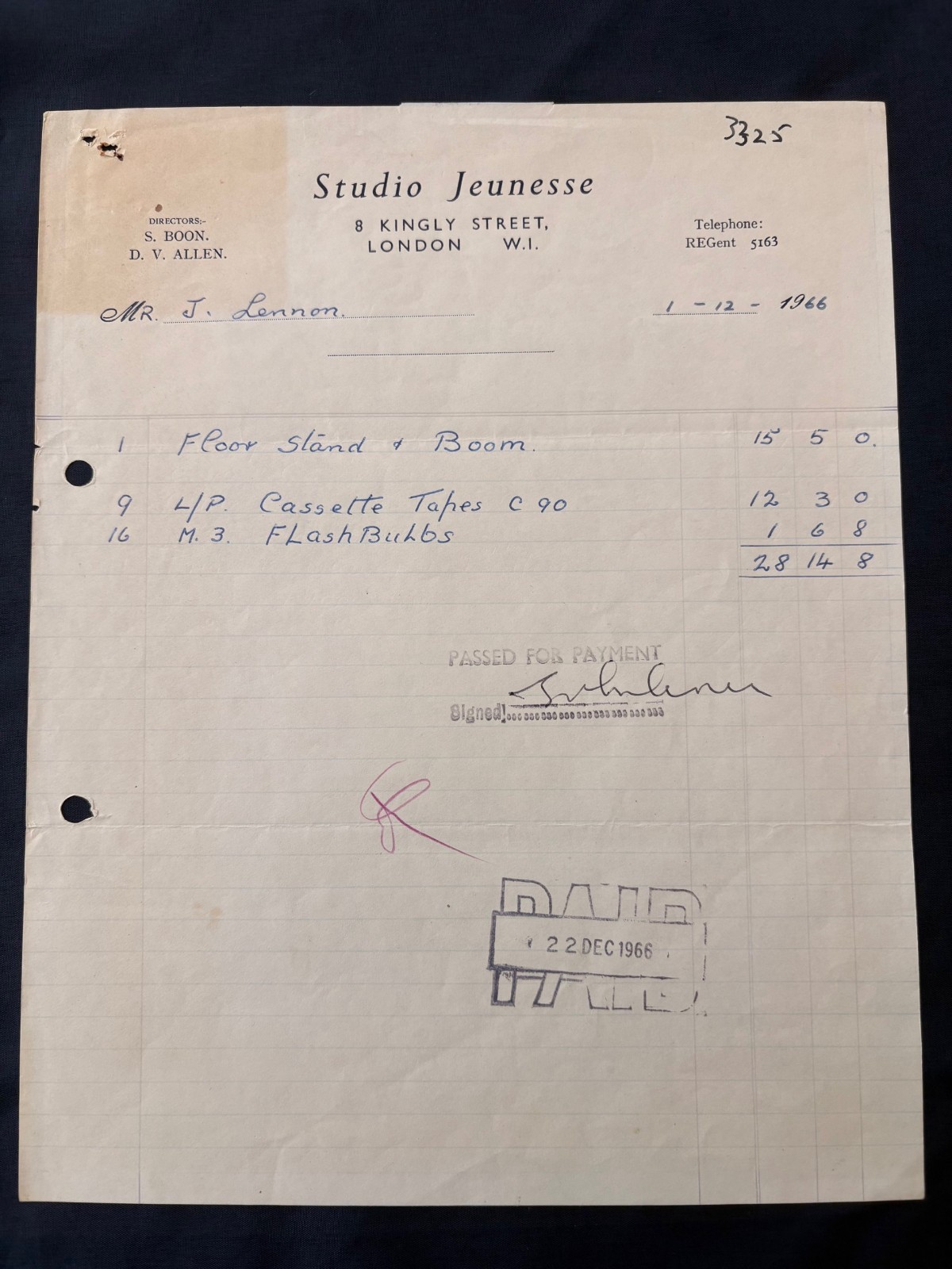 Very Rare John Lennon (Beatles) Hand Signed Receipt December 1st 1966 Very Rare John Lennon (Beatles) Hand Signed Receipt December 1st 1966