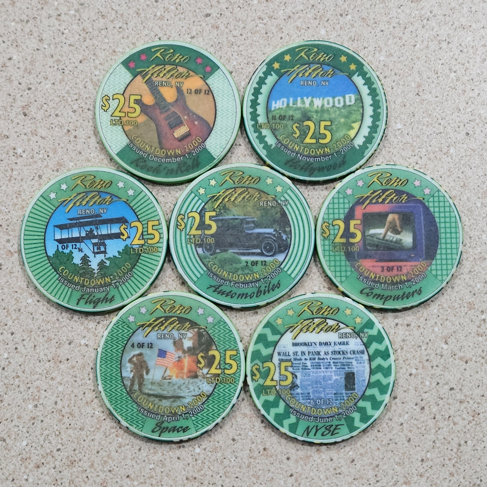 7 Reno Hilton Casino LTD 100 Countdown To The Millennium $25 Chipco Clay Chips