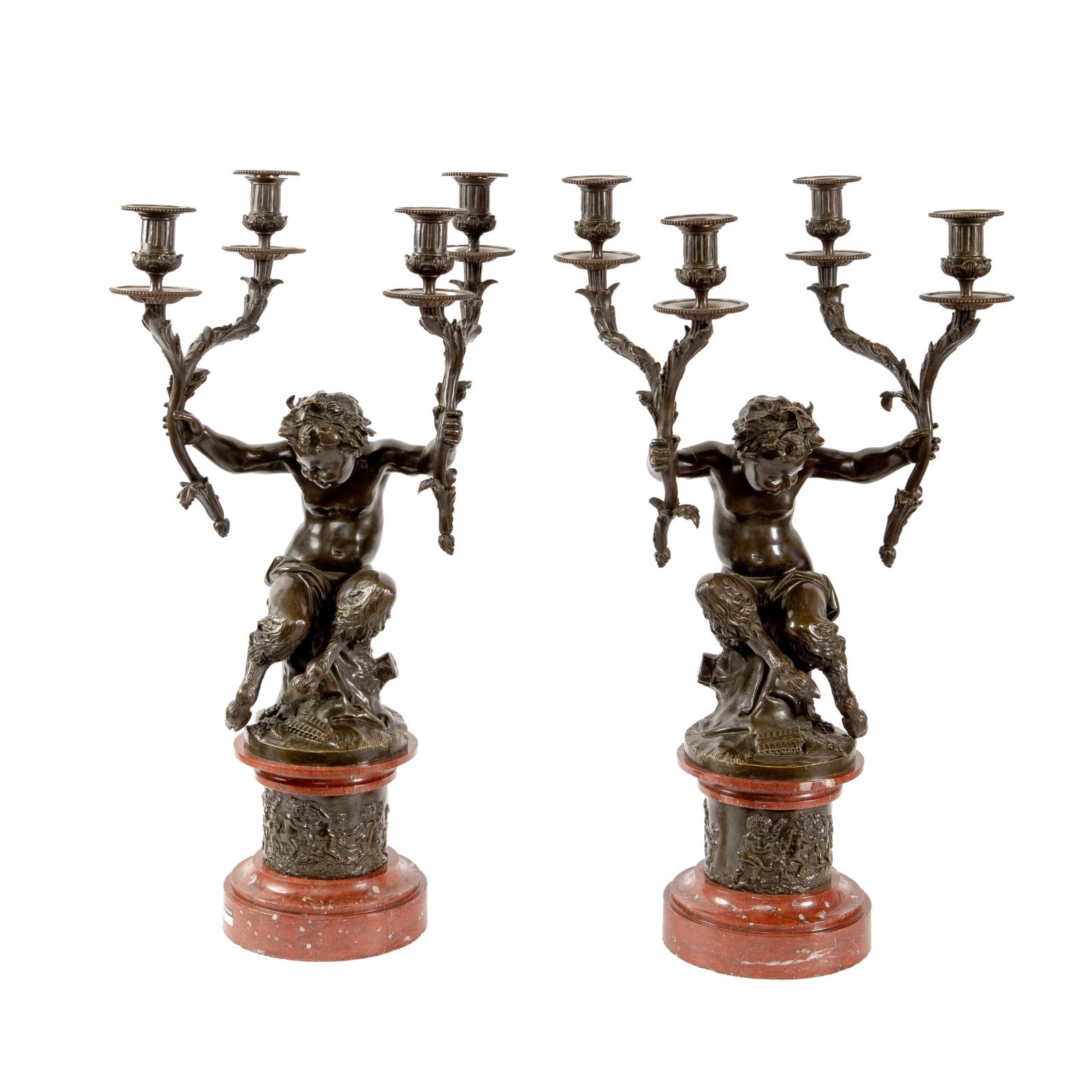 Antique Clodion Bronze Faun Candelabra Pair Marble French Napoleon III 70cm