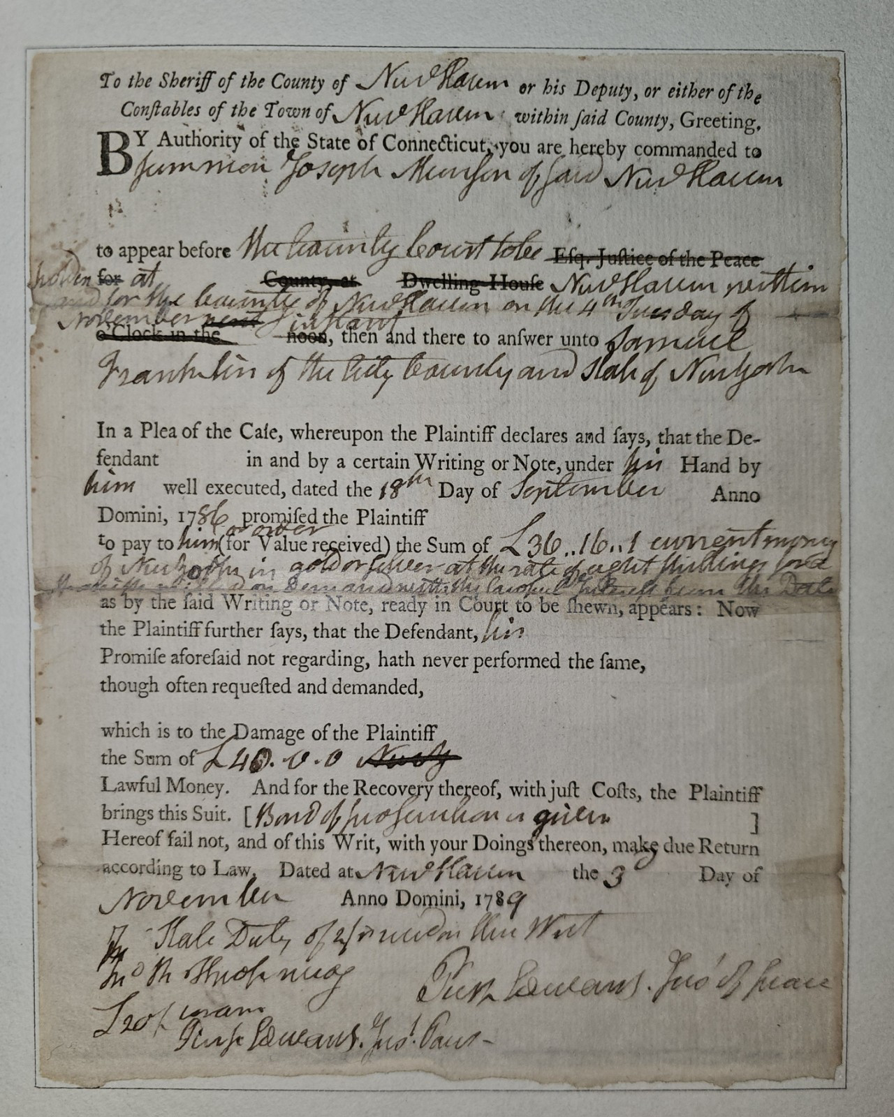1789 New Haven, CT Legal Summons, Samuel Franklin v. Joseph Munson Debt Relief