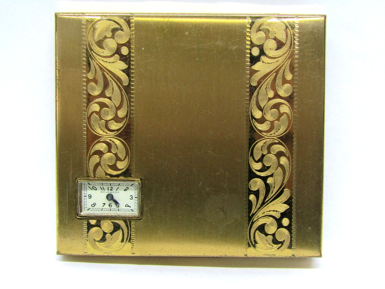 Vintage Illinois Watch Co, I.W.C. Co. Gold Tone Cigarette Case w/ Weldwood Clock Vintage Illinois Watch Co, I.W.C. Co. Gold Tone Cigarette Case w/ Weldwood Clock