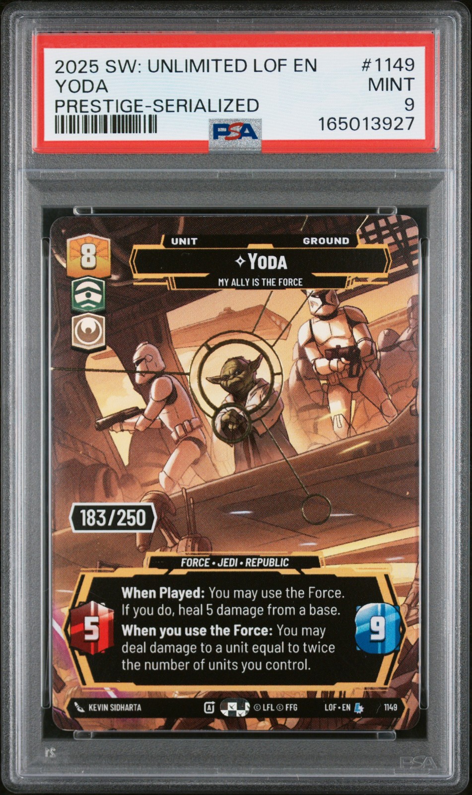 2025 PRESTIGE-SERIALIZED #1149 YODA, MY ALLY IS THE FORCE 183/250 PSA 9