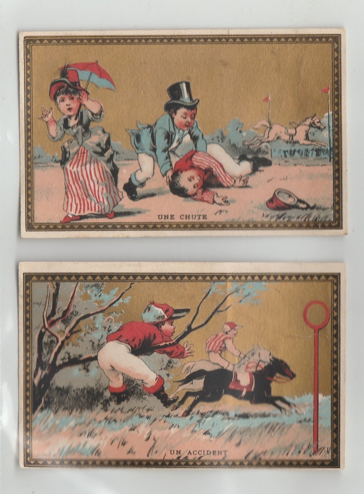 1880s CHROMO CHOCOLAT DE LA MARINE - 2 x FRENCH TRADE CARD (JOCKEY ACCIDENT) 1880s CHROMO CHOCOLAT DE LA MARINE - 2 x FRENCH TRADE CARD (JOCKEY ACCIDENT)