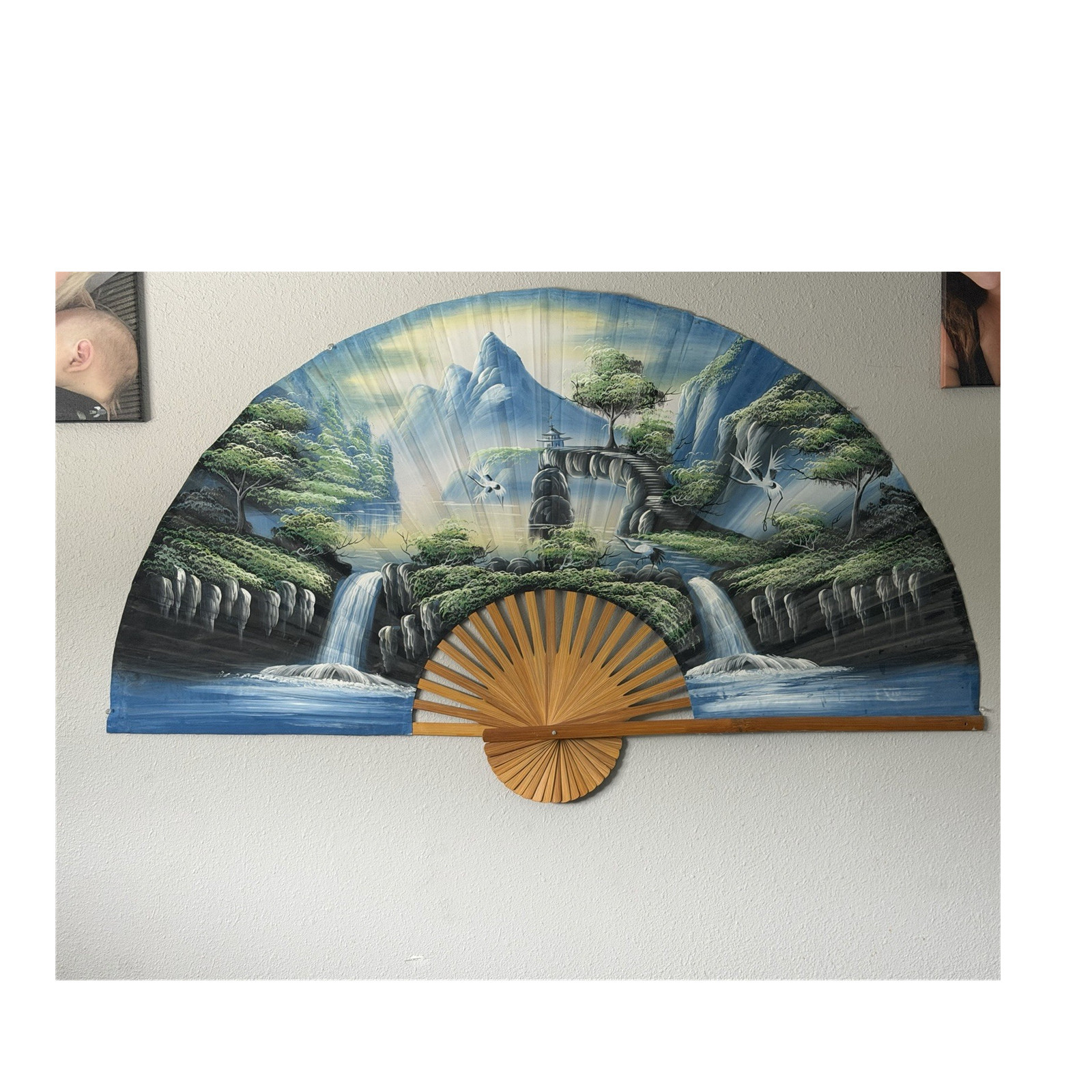 Large Chinese Decorative Folding Wall Fan Painted Landscape Waterfalls Mountains