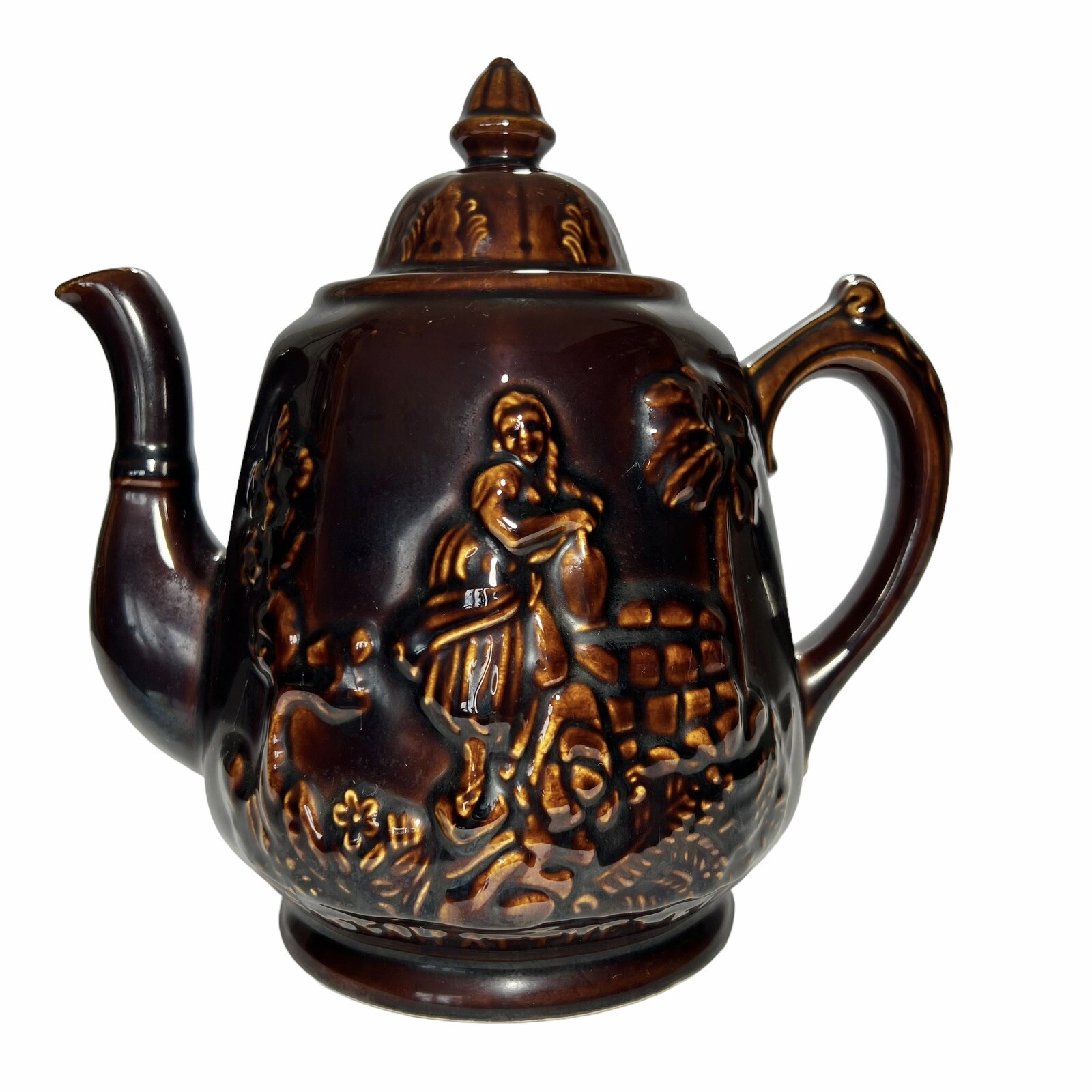 Vintage 60s Rockingham Harker 1840 Rebekah Rebecca At The Well Brown Teapot