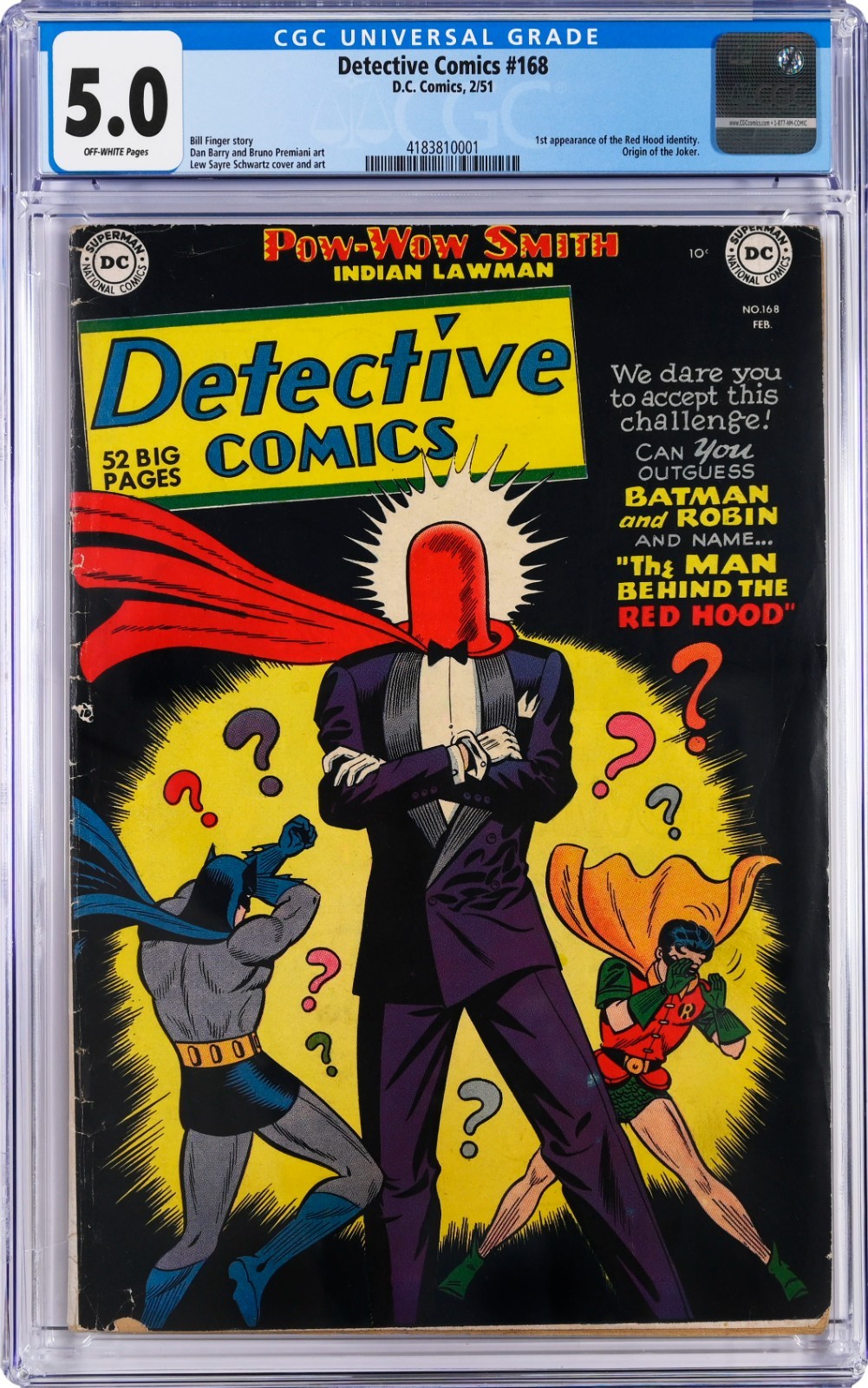 Detective Comics 168 (Feb. 1951), CGC 5.0, 1st Red Hood, Joker Origin Detective Comics 168 (Feb. 1951), CGC 5.0, 1st Red Hood, Joker Origin