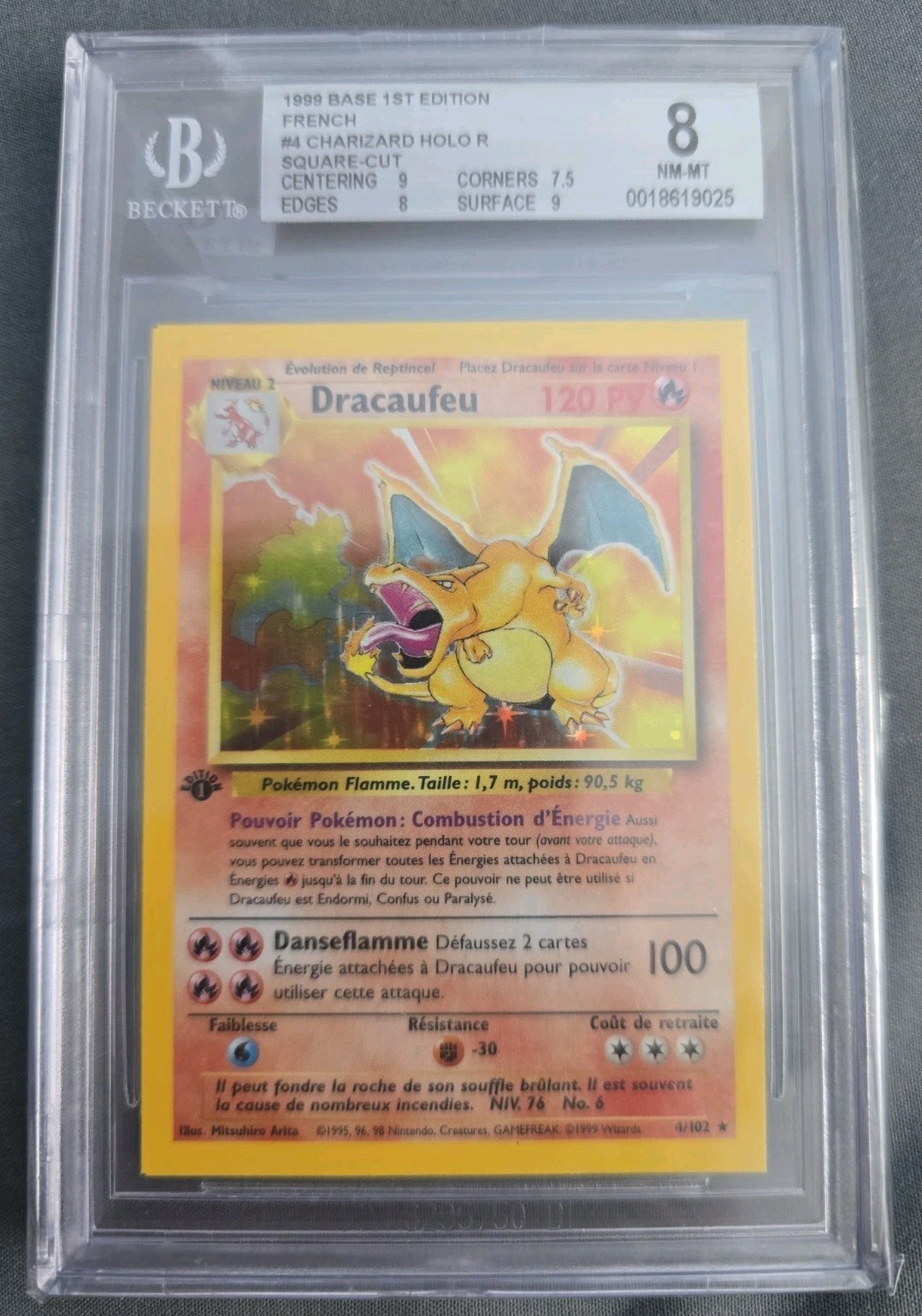 1999 Pokemon 1st EDITION Base Dracaufeu French Square Cut Charizard BGS 8 POP 1