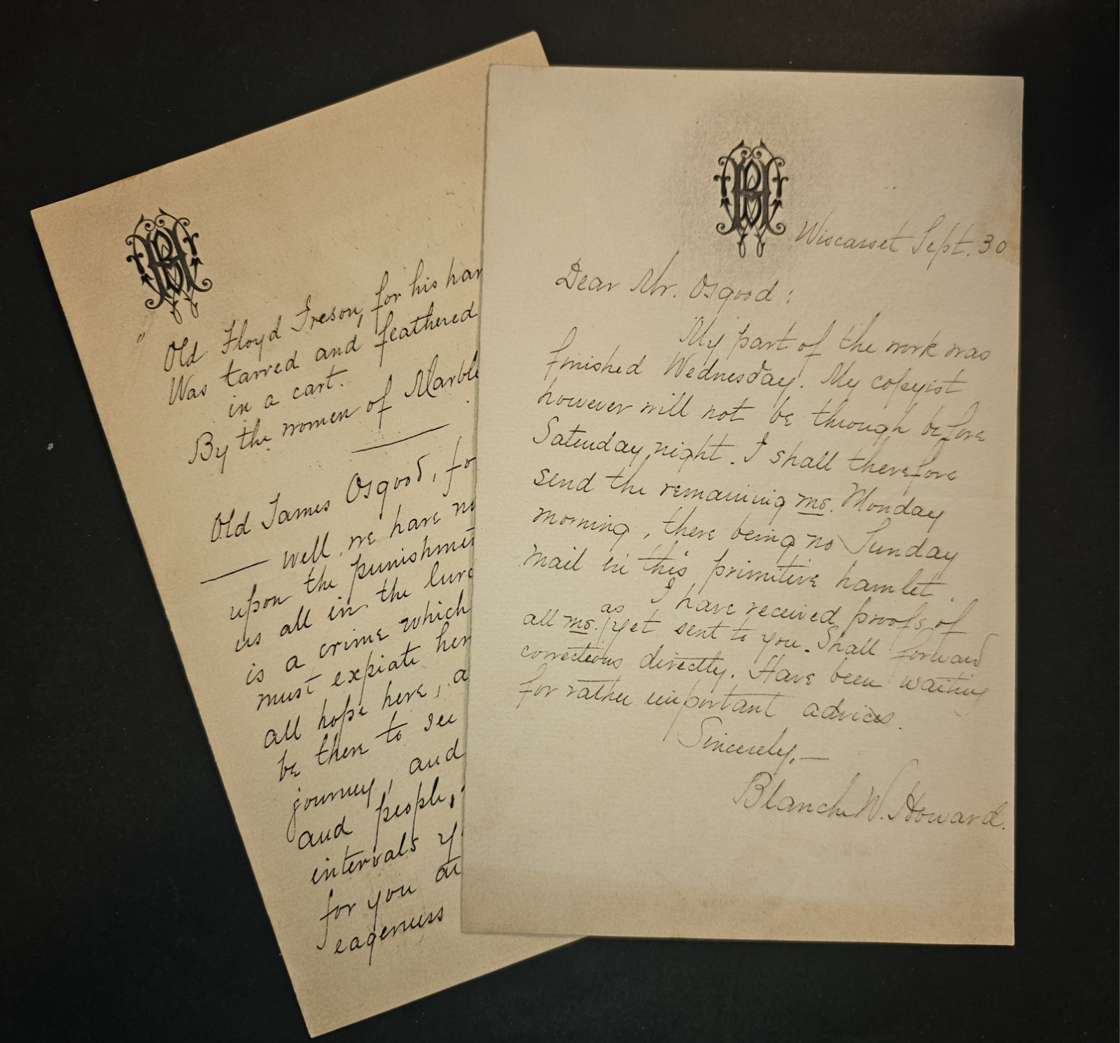 Blanche Willis Howard 2 ALS Lot (1870s–1880s) Literary Letters to James R Osgood