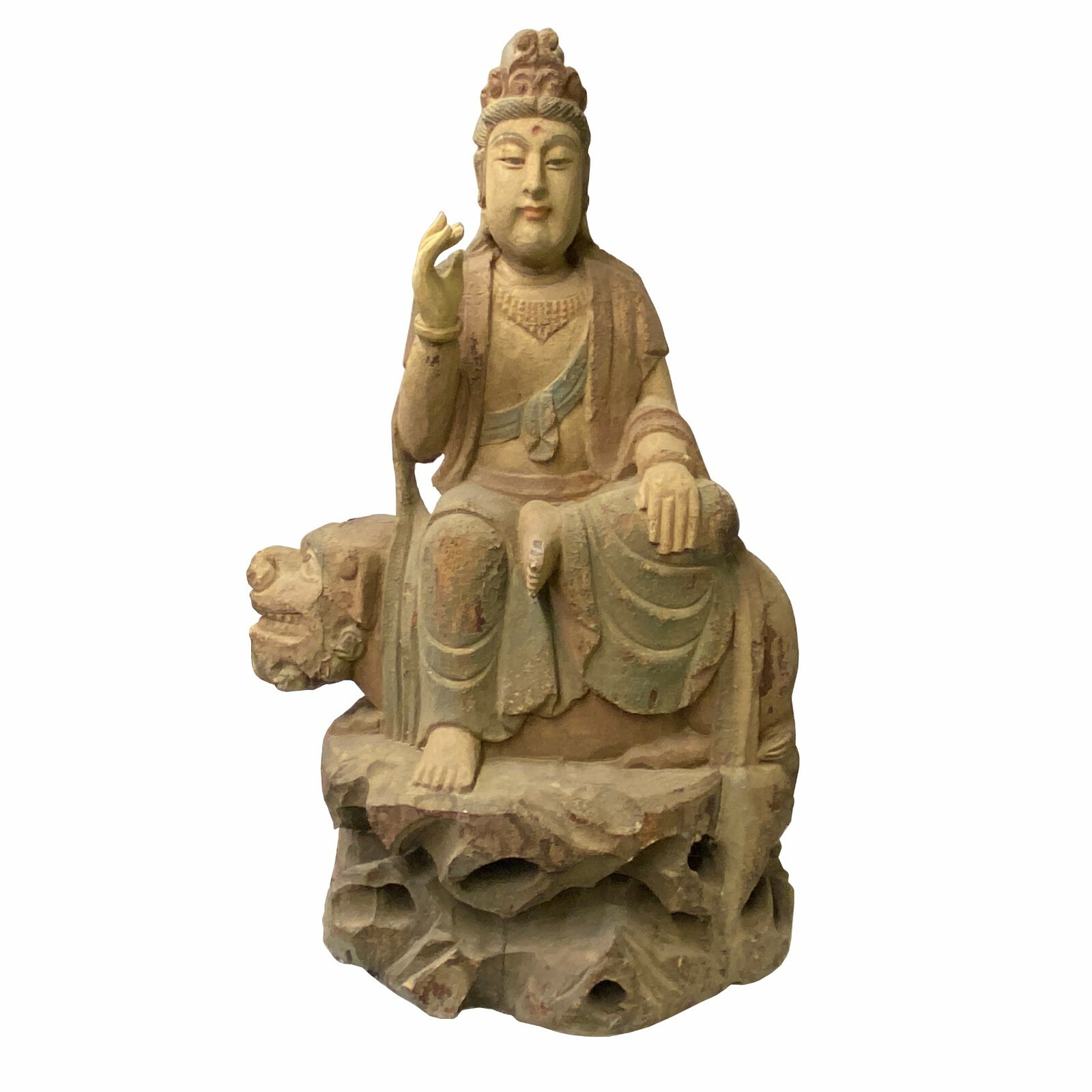 Chinese Rustic Wood Sitting Guan Yin on Lion Manjushri Statue ws1525 Chinese Rustic Wood Sitting Guan Yin on Lion Manjushri Statue ws1525