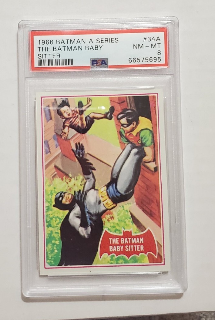1966 Topps Batman A Series Red Bat #34A The Batman Baby Sitter PSA 8 Vintage 