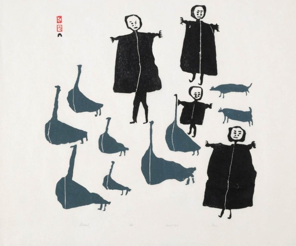 Parr ᐸ (1893-1969), UNTITLED (7 GEESE, 4 PEOPLE, 2 DOGS), 1964 Inuit Cape Dorset Parr ᐸ (1893-1969), UNTITLED (7 GEESE, 4 PEOPLE, 2 DOGS), 1964 Inuit Cape Dorset