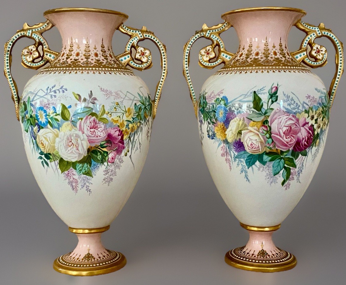 ANTIQUE SPODE COPELAND CHINA VASES PAIR SIGNED C.F. HÜRTEN PORCELAIN JEWELED ANTIQUE SPODE COPELAND CHINA VASES PAIR SIGNED C.F. HÜRTEN PORCELAIN JEWELED