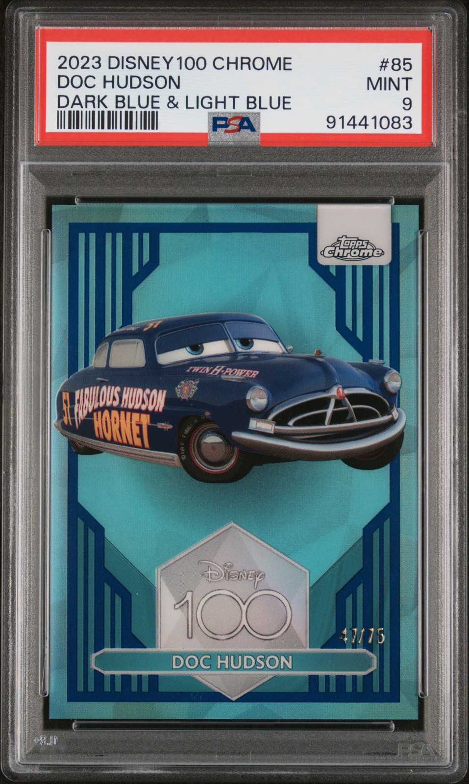 2023 Topps Chrome Disney 100 Doc Hudson /75 Dark & Light Blue REFR #85 PSA 9 2023 Topps Chrome Disney 100 Doc Hudson /75 Dark & Light Blue REFR #85 PSA 9