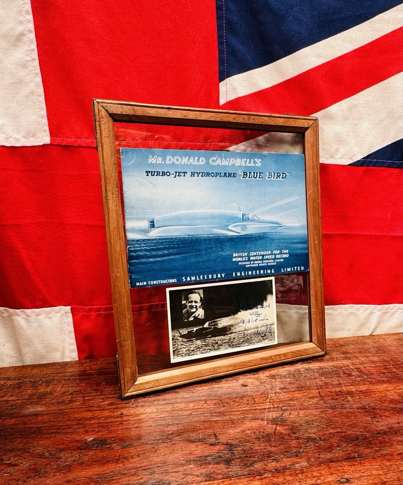 Superb Framed Donald Campbell Bluebird Signed Photo Card & Brochure d.1955 Superb Framed Donald Campbell Bluebird Signed Photo Card & Brochure d.1955