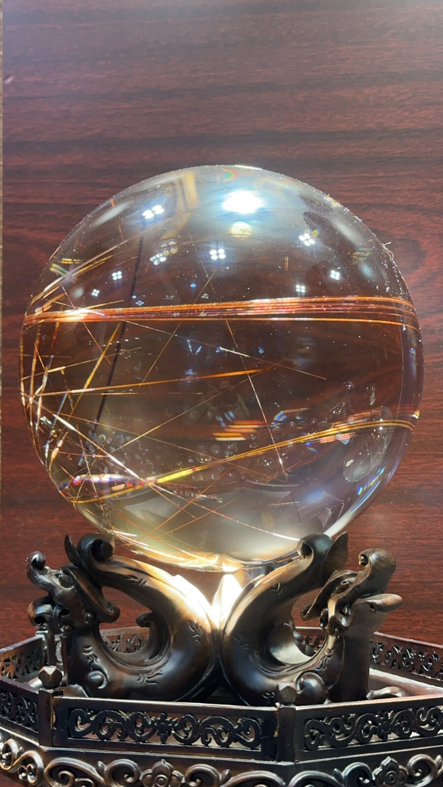 198mm Top Natural Copper hair quartz Sphere Crystal Energy Ball Reiki Healing