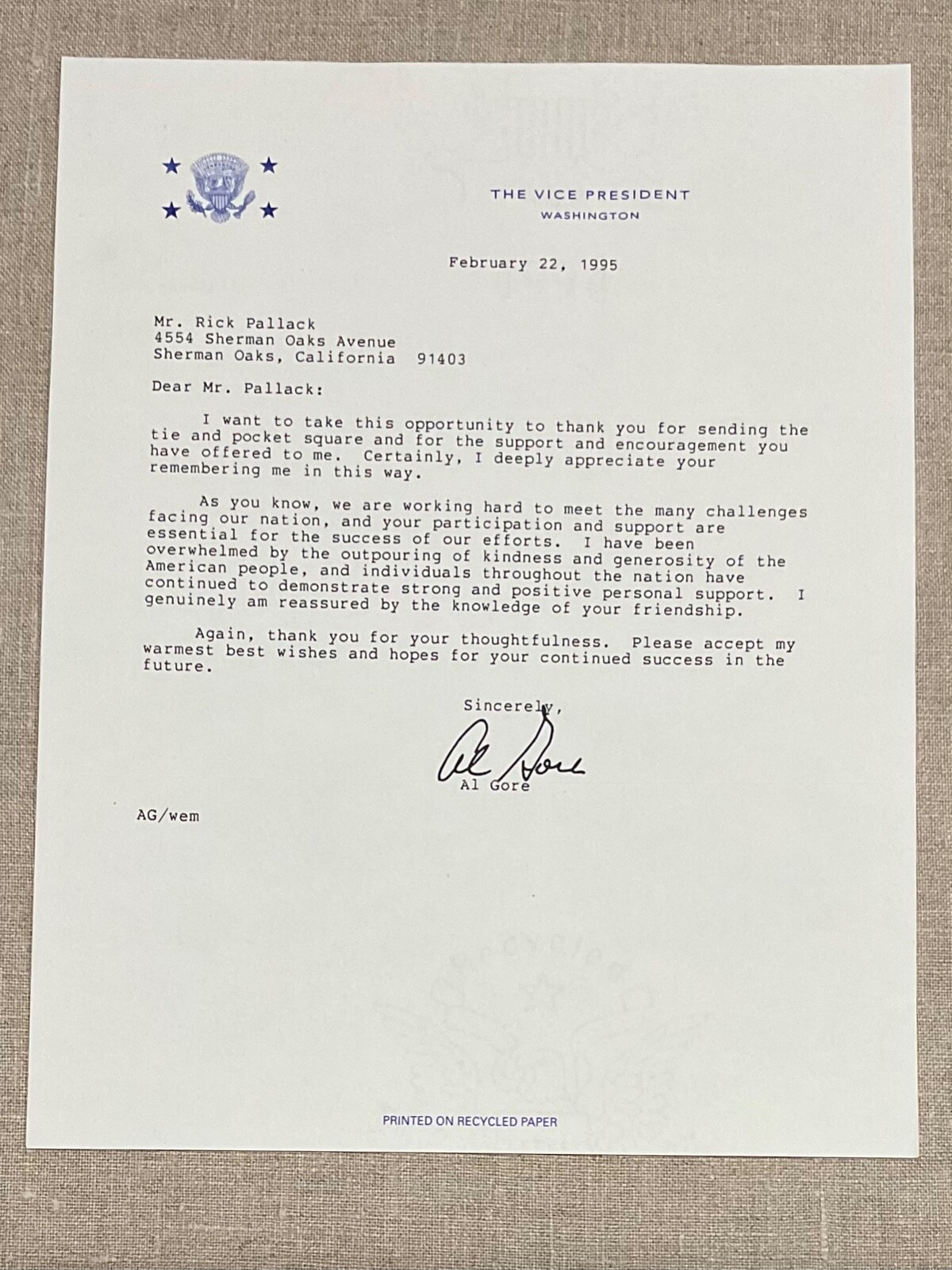 Vice President Al Gore Authentic Original Autographed Signed Letter To Designer