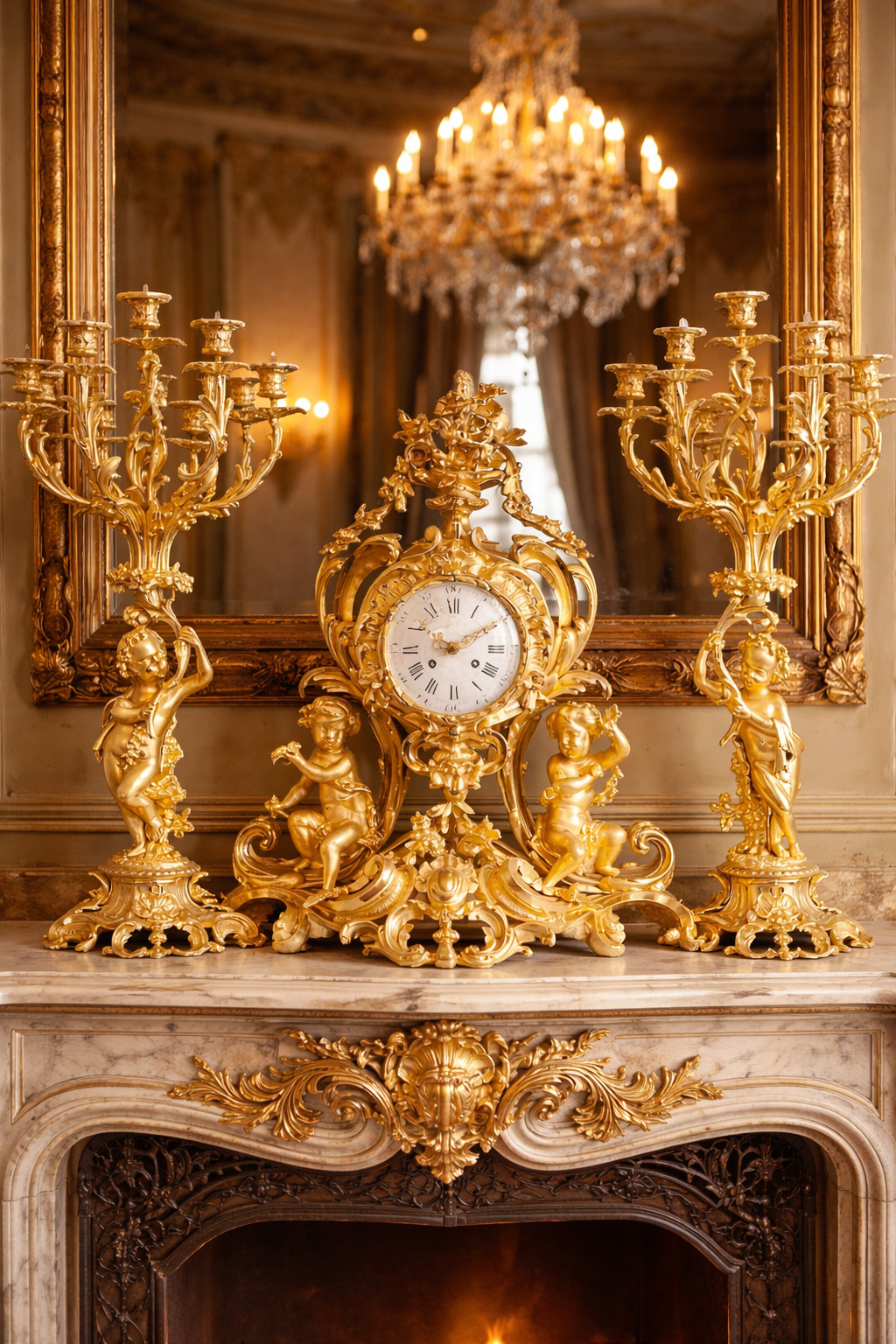 Clock French Louis XV Bronze Ormolu Clock Candelabras 19th Century Set 3 Pcs Clock French Louis XV Bronze Ormolu Clock Candelabras 19th Century Set 3 Pcs
