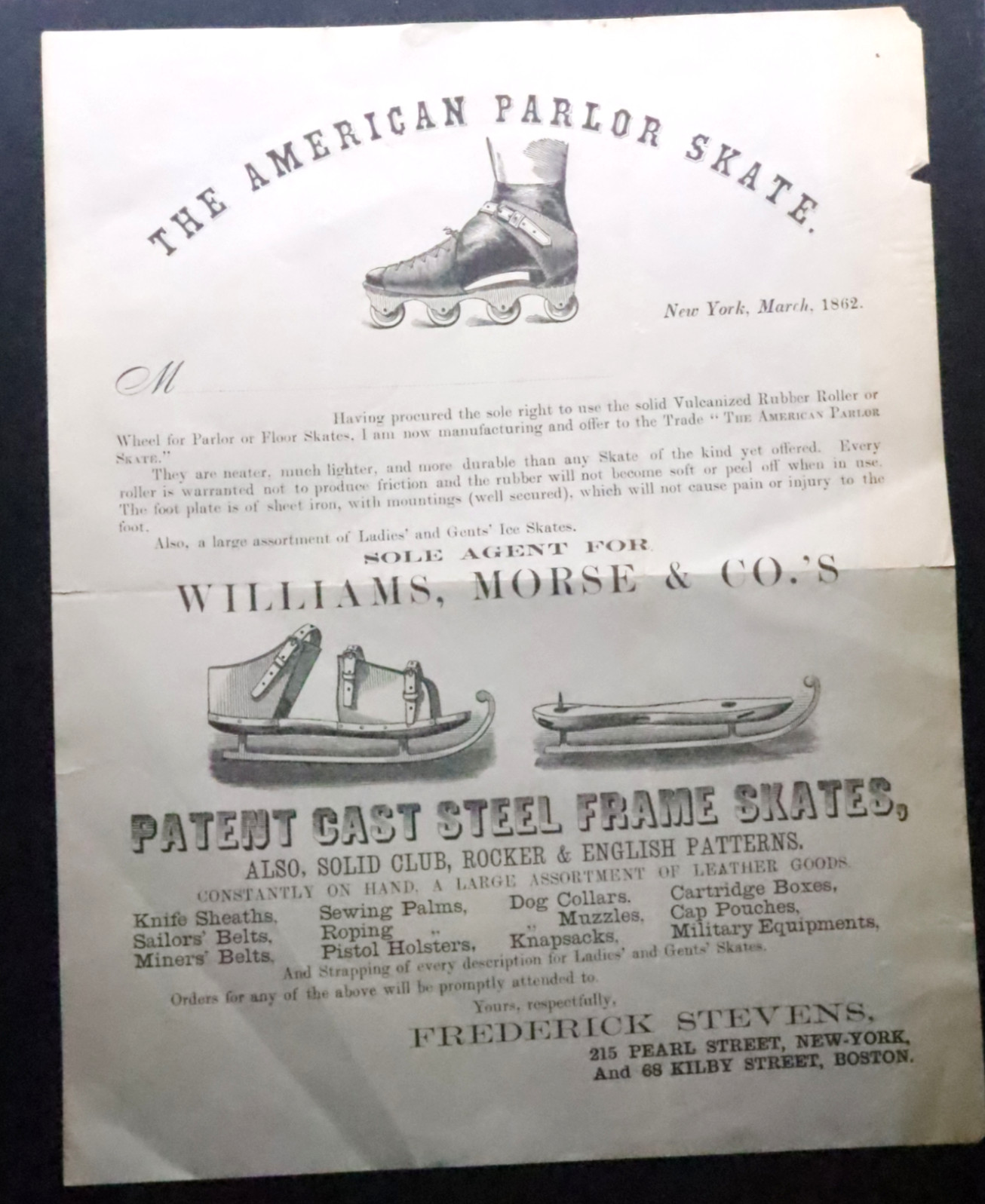 Unusual 1862 American Parlor Skate Broadside Roller Ice Skates Civil War Era Unusual 1862 American Parlor Skate Broadside Roller Ice Skates Civil War Era