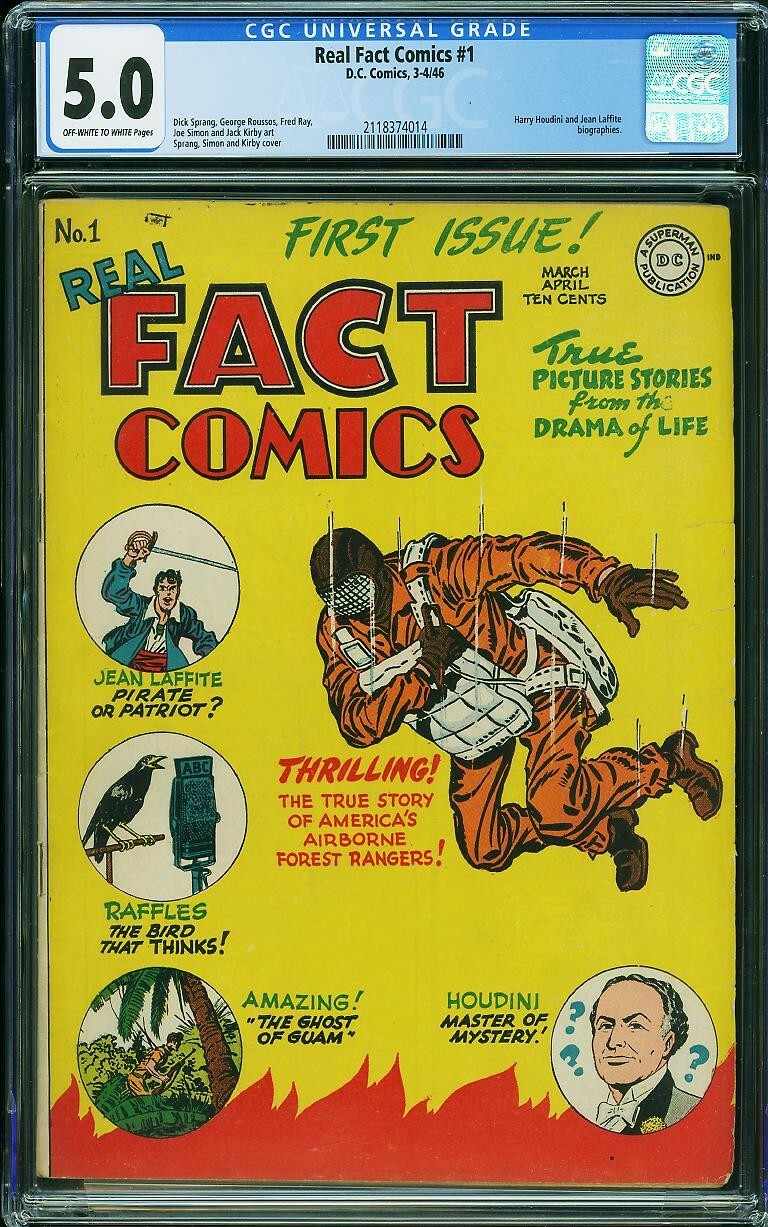 REAL FACT COMICS 1 1946 DC JOE SIMON JACK KIRBY HOUDINI PARACHUTE CGC 5.0 Golden