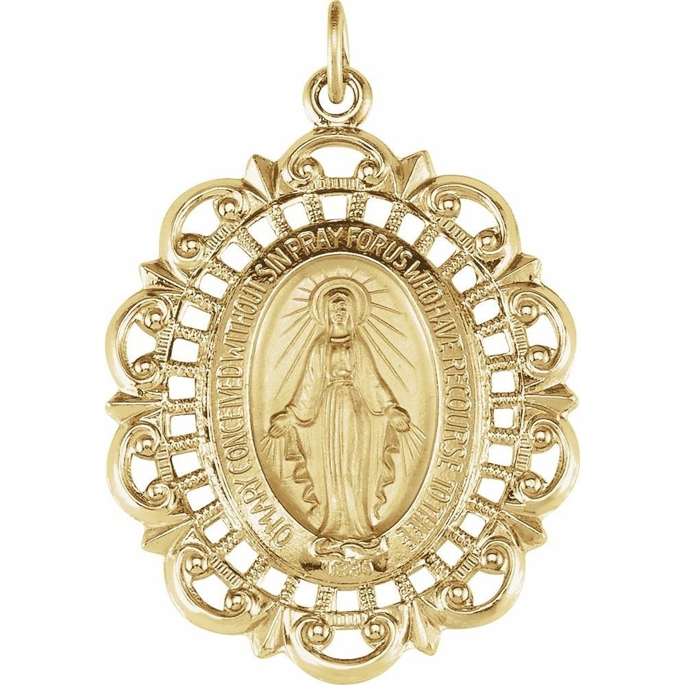 Miraculous Medal in 14K Yellow Gold 32 x 23mm Oval Filigree Framed