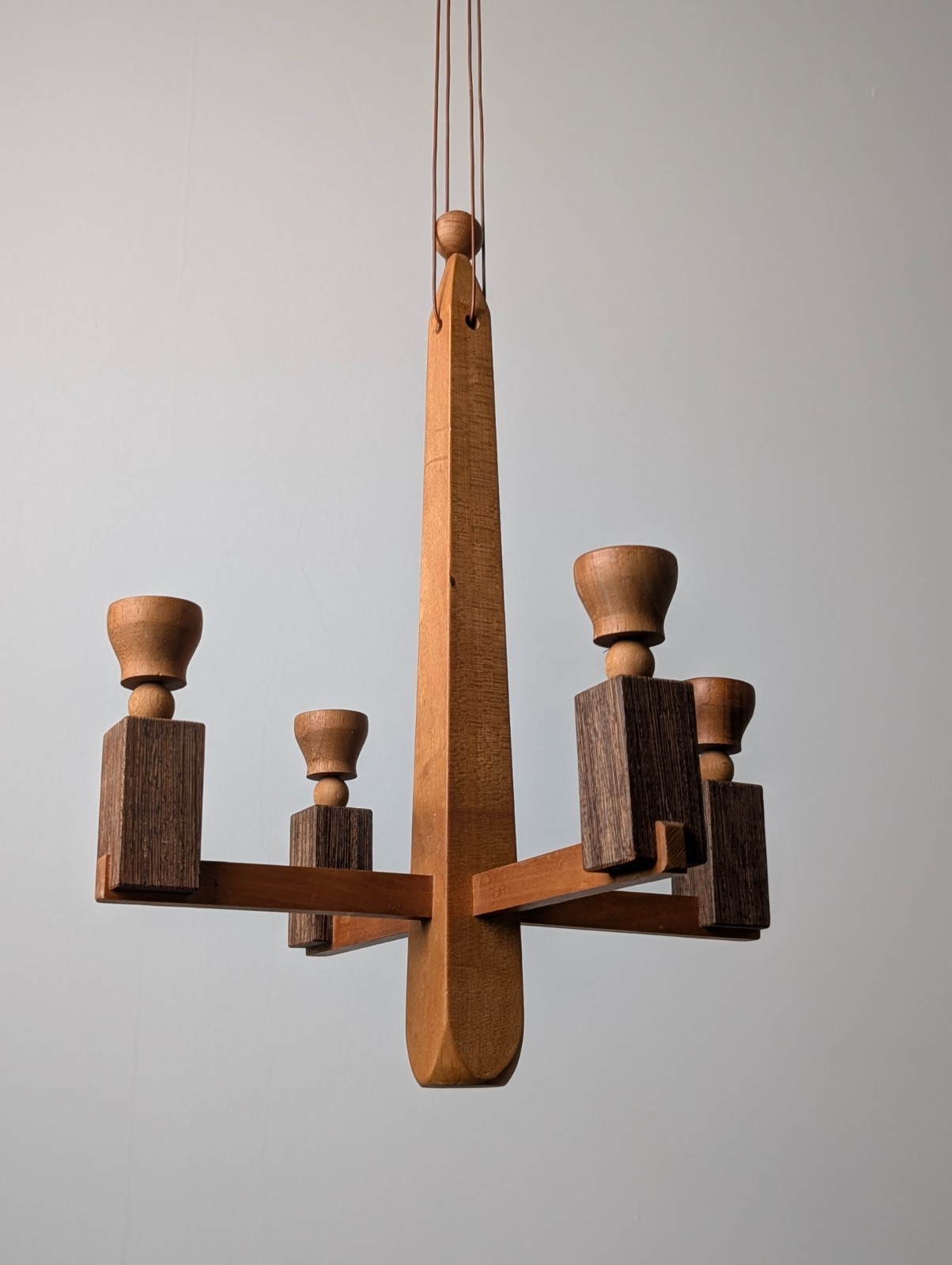 Danish Art Deco Style Wooden Candle Chandelier, 1970s