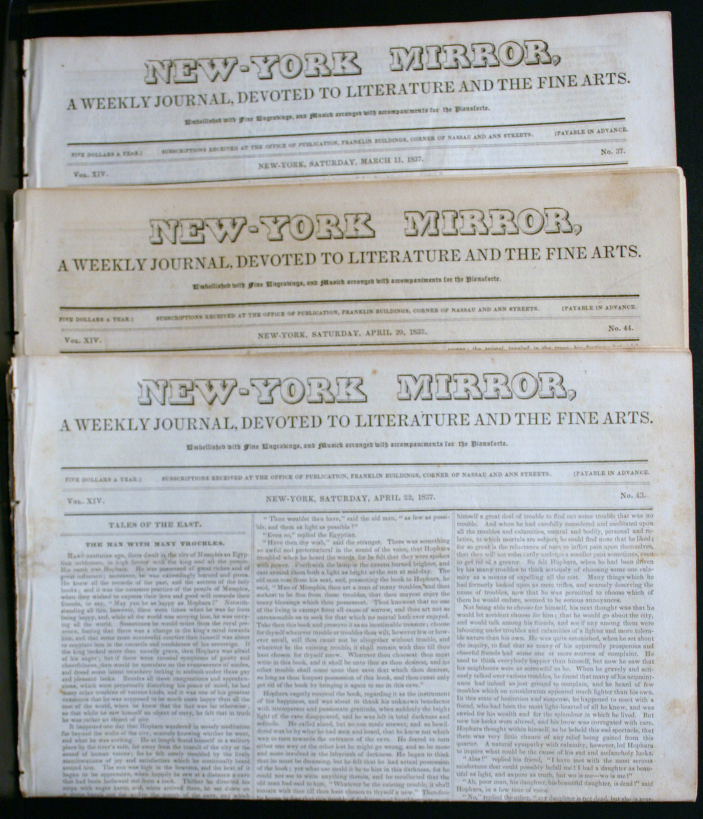3 1837 NEWSPAPER, NEW - YORK MIRROR, WEEKLY JOURNAL, LITERATURE FINE ARTS, MUSIC 3 1837 NEWSPAPER, NEW - YORK MIRROR, WEEKLY JOURNAL, LITERATURE FINE ARTS, MUSIC