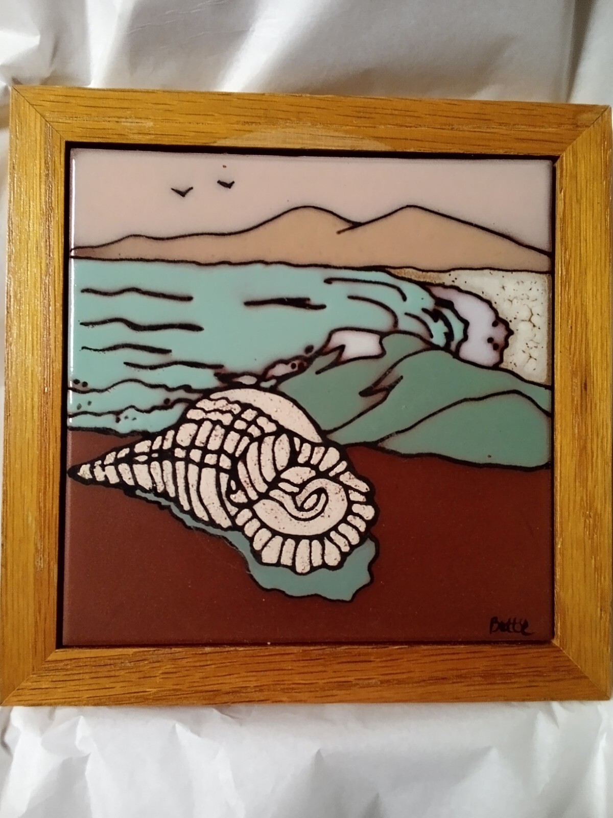 Terra Cotta Art Tile Signed By Artist Bette Southwestern Beach Scene w/ Shell Terra Cotta Art Tile Signed By Artist Bette Southwestern Beach Scene w/ Shell
