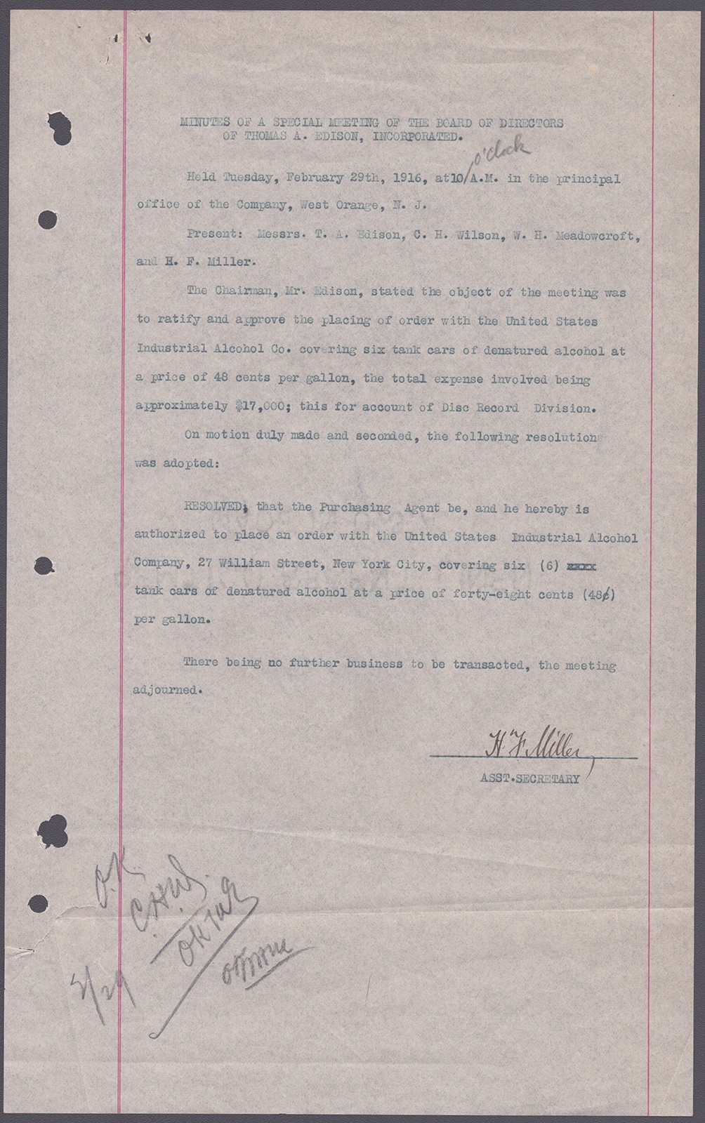 THOMAS A. EDISON - AUTOGRAPH ENDORSEMENT SIGNED 02/29/1916 WITH CO-SIGNERS