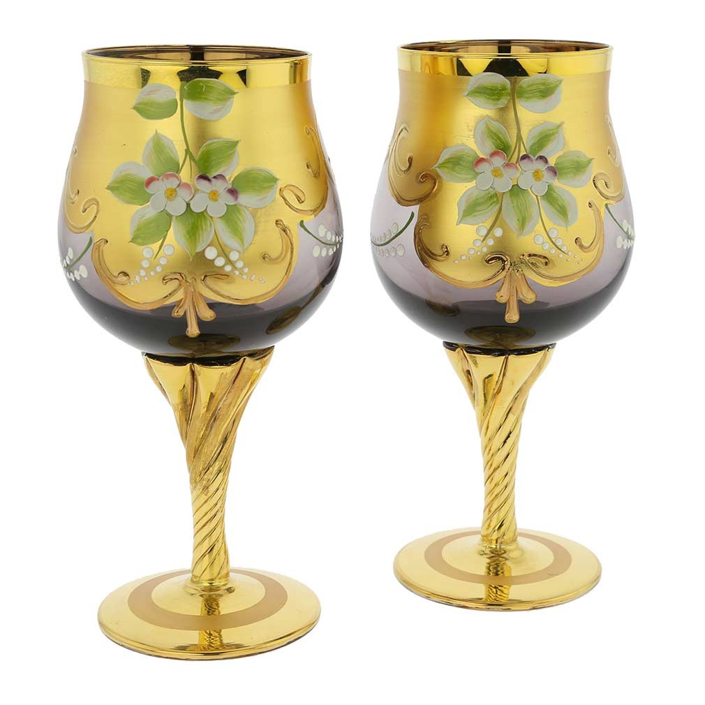 GlassOfVenice Set of Two Murano Glass Wine Glasses 24K Gold Leaf - Purple